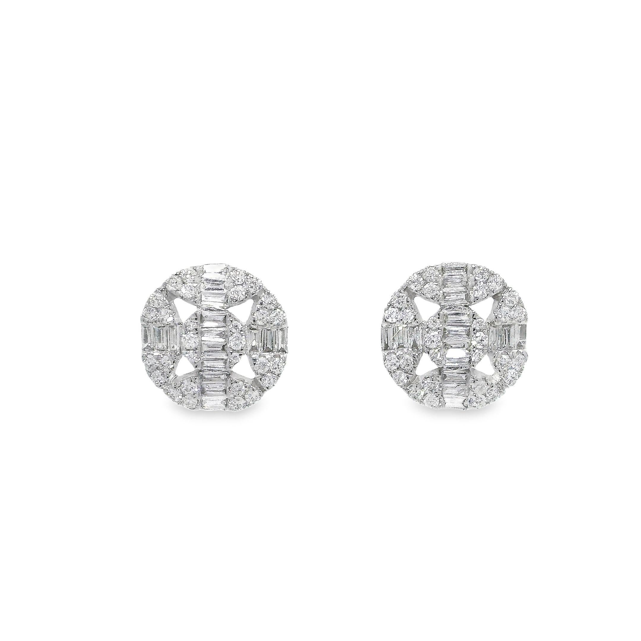 Baguette Cut Round Diamond Stud Earrings in 18K White Gold For Sale