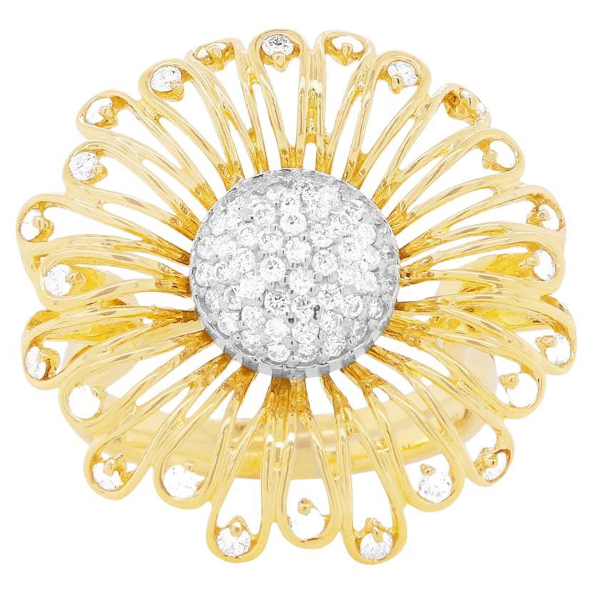 Round Diamond Sun Flower Dome Cocktail Ring 18K White Yellow Two Tone Gold
