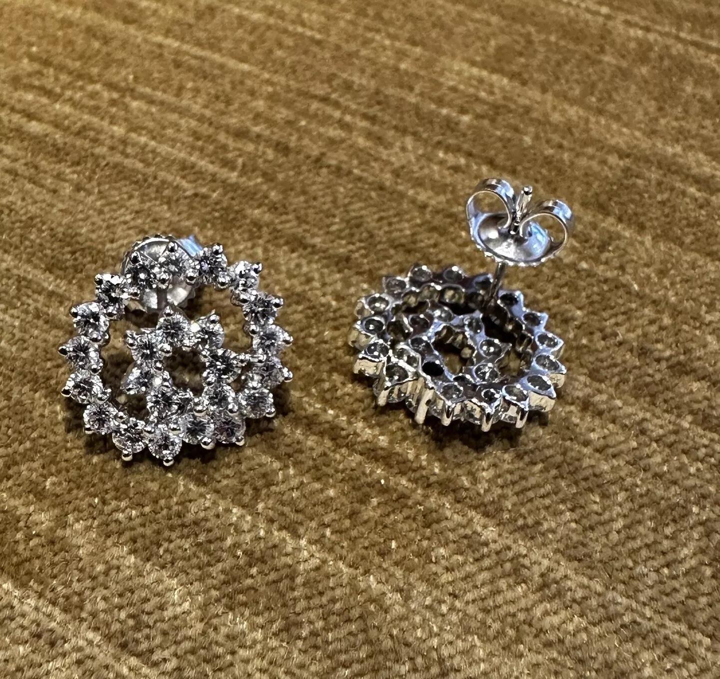 Round Cut Round Diamond Swirl Button Earrings 2.50 cttw in 18k White Gold For Sale