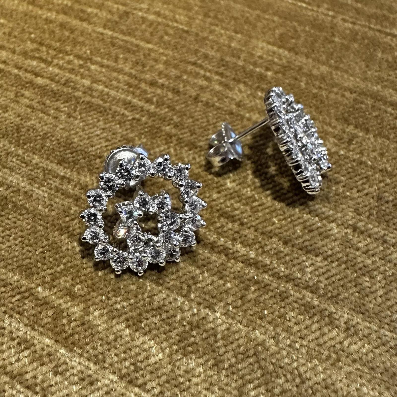 Round Diamond Swirl Button Earrings 2.50 cttw in 18k White Gold In Excellent Condition For Sale In La Jolla, CA