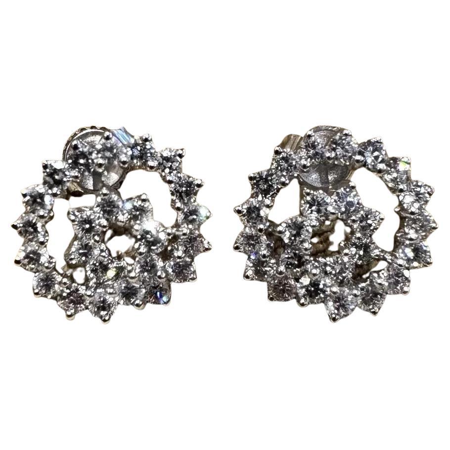 Round Diamond Swirl Button Earrings 2.50 cttw in 18k White Gold For Sale