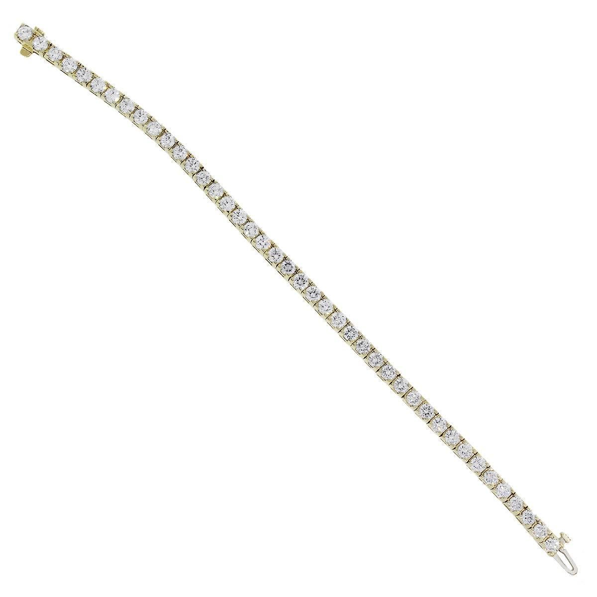 Material: 14k Yellow gold
Diamond Details: Approximately 8.20ctw of round brilliant diamonds. Diamonds are H/I in color and SI in clarity.
Clasp: Tongue in box clasp
Measurements: 7.5″
Total Weight: 20.1g (13dwt)
Additional Details: This item comes