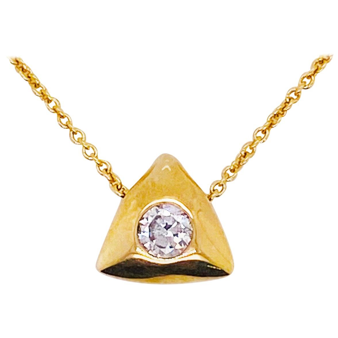 Round Diamond Trillion Bezel Triangle Slide Pendant 14 Karat Gold Chain Necklace