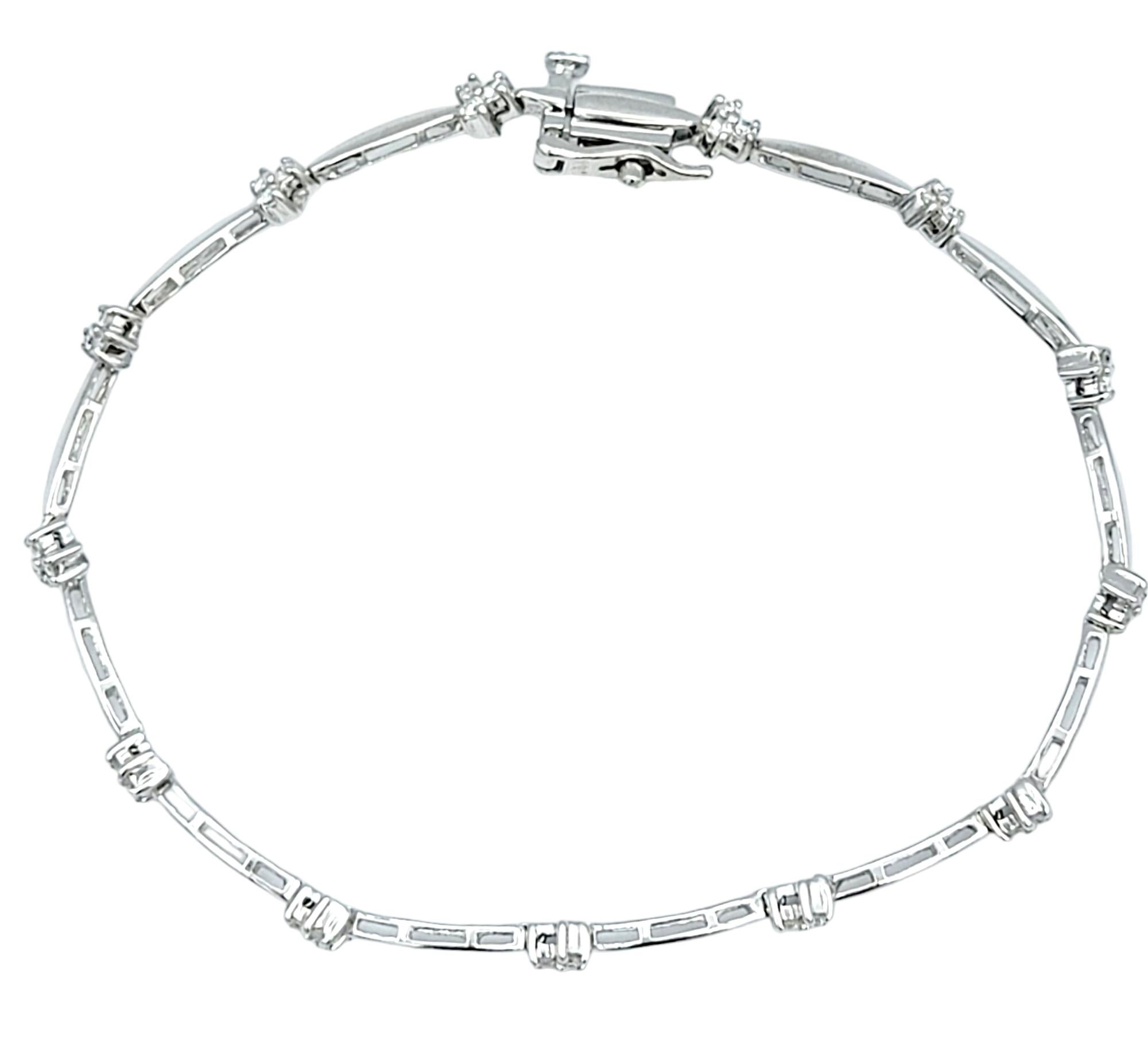 Contemporary Round Diamond Trio Cluster Station Narrow Link Bracelet in 14 Karat White Gold  For Sale