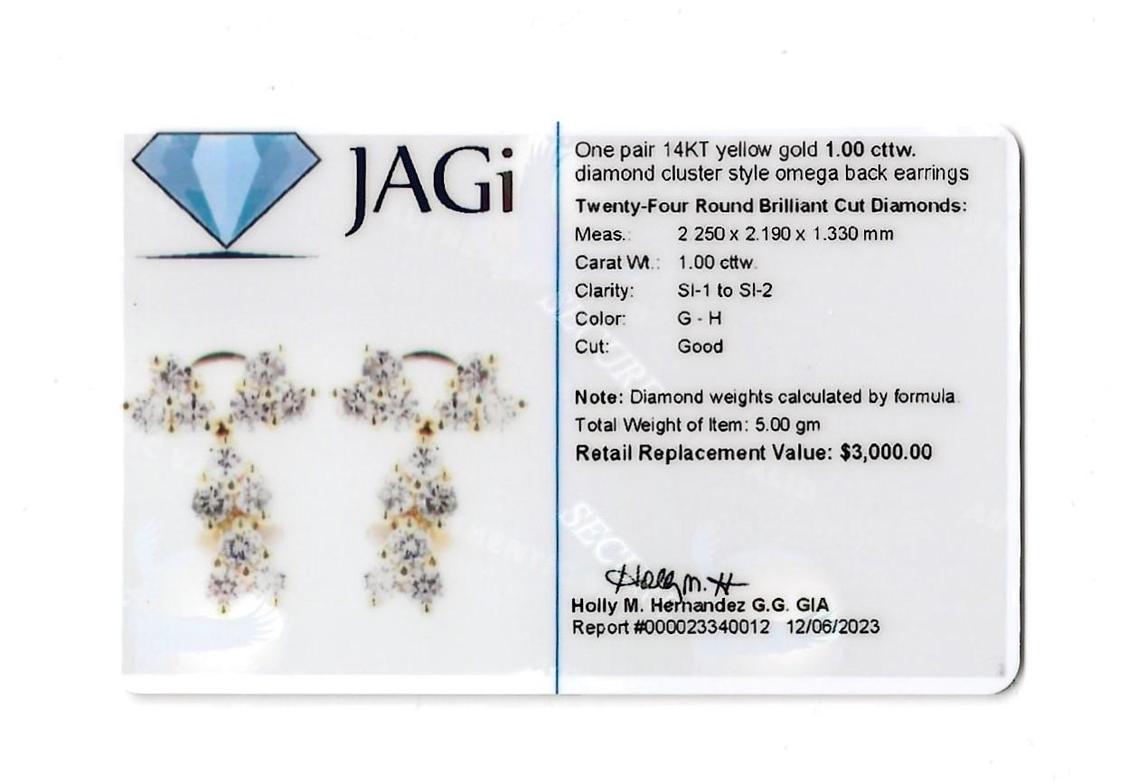 Round Diamond Trio Cluster Style Drop Earrings in 14 Karat Yellow Gold For Sale 4