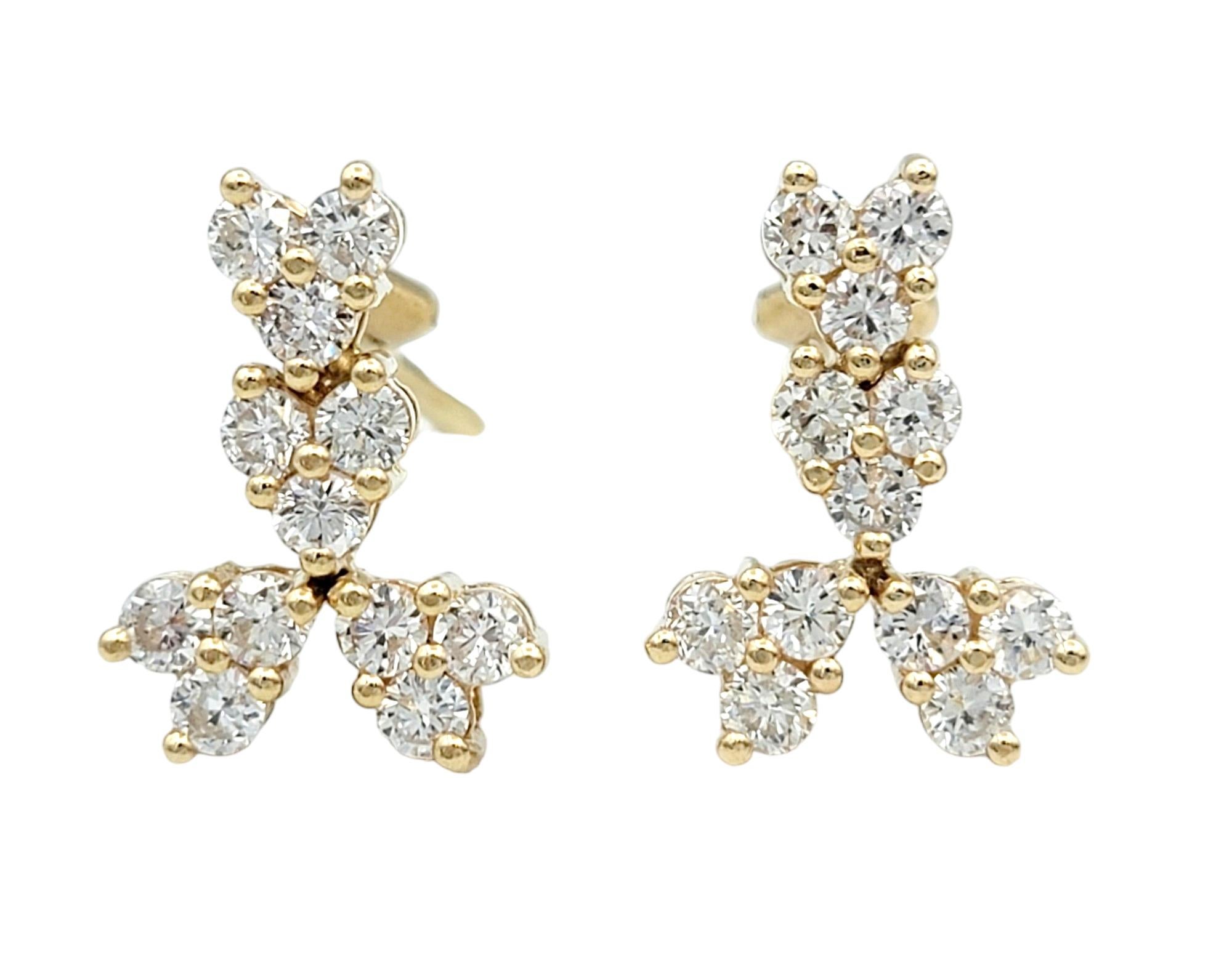 Contemporary Round Diamond Trio Cluster Style Drop Earrings in 14 Karat Yellow Gold For Sale