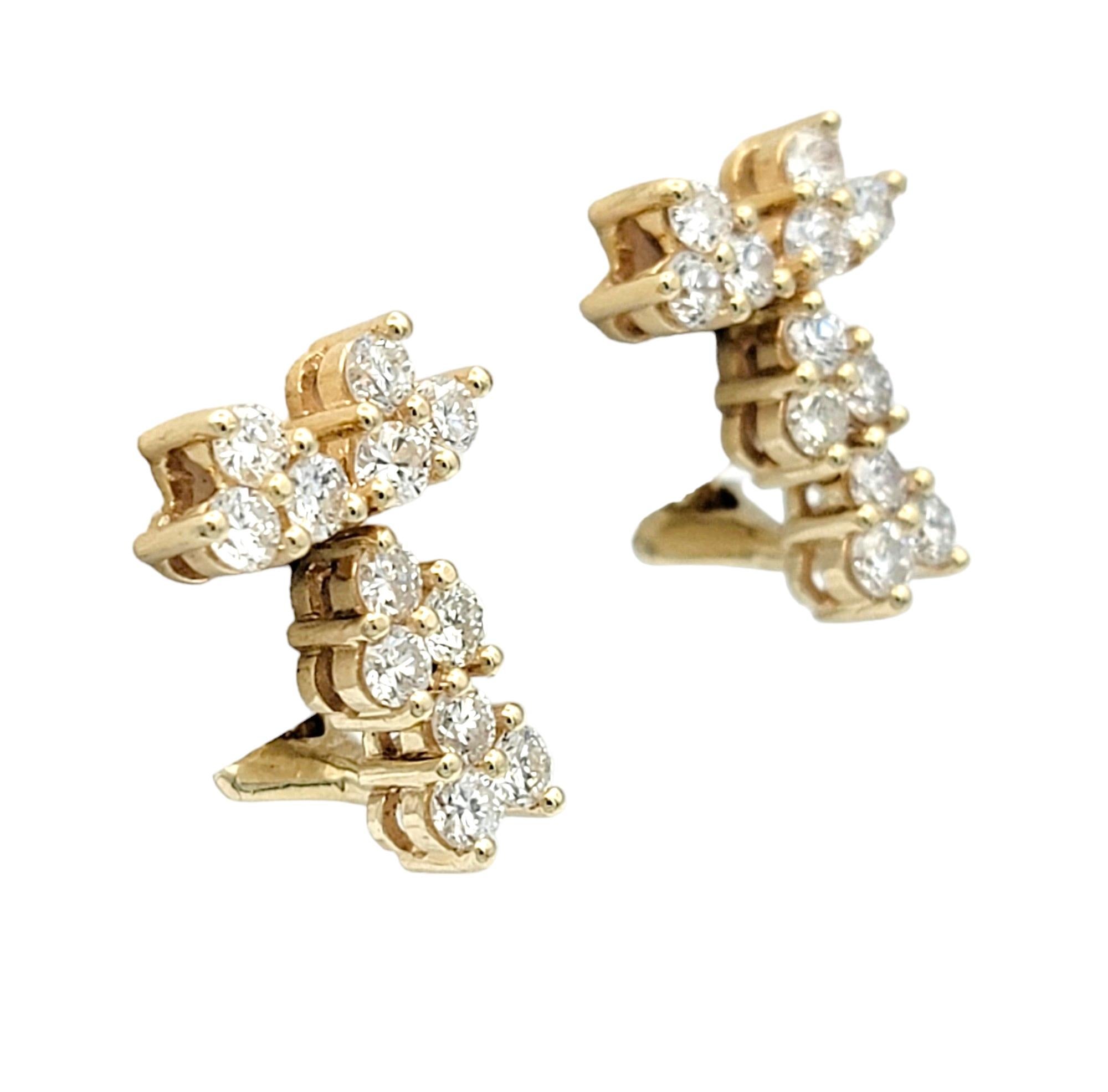 Round Cut Round Diamond Trio Cluster Style Drop Earrings in 14 Karat Yellow Gold For Sale