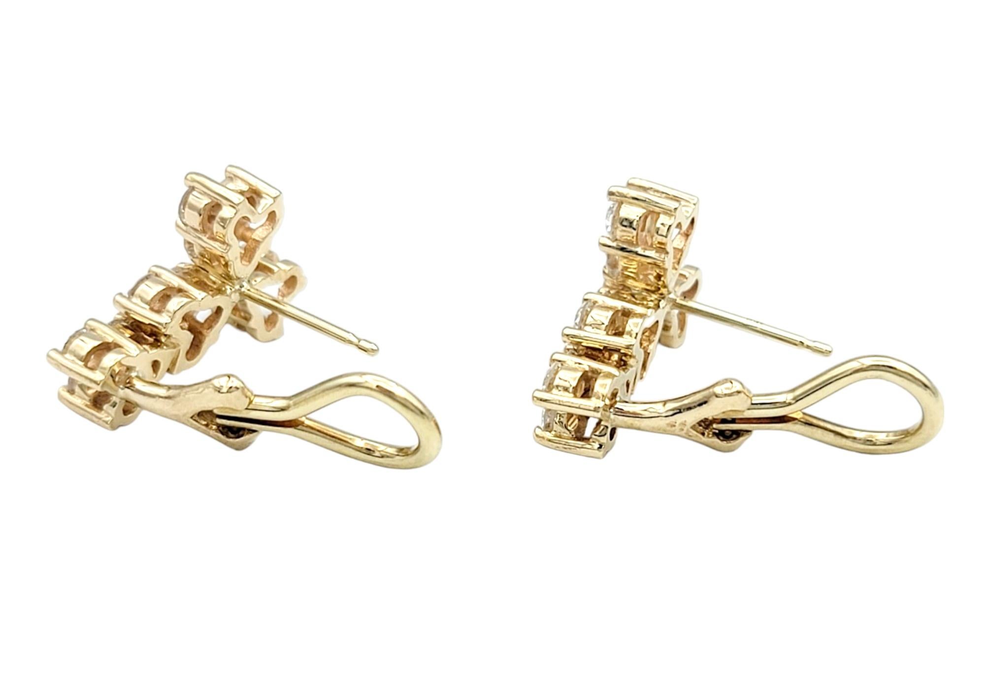 Women's Round Diamond Trio Cluster Style Drop Earrings in 14 Karat Yellow Gold For Sale