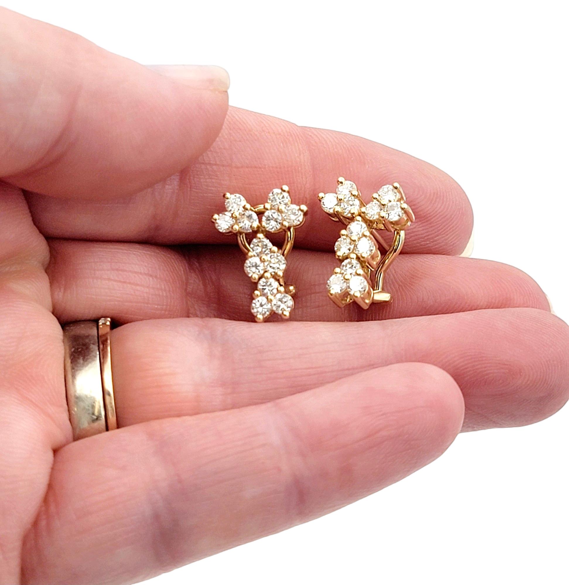 Round Diamond Trio Cluster Style Drop Earrings in 14 Karat Yellow Gold For Sale 1