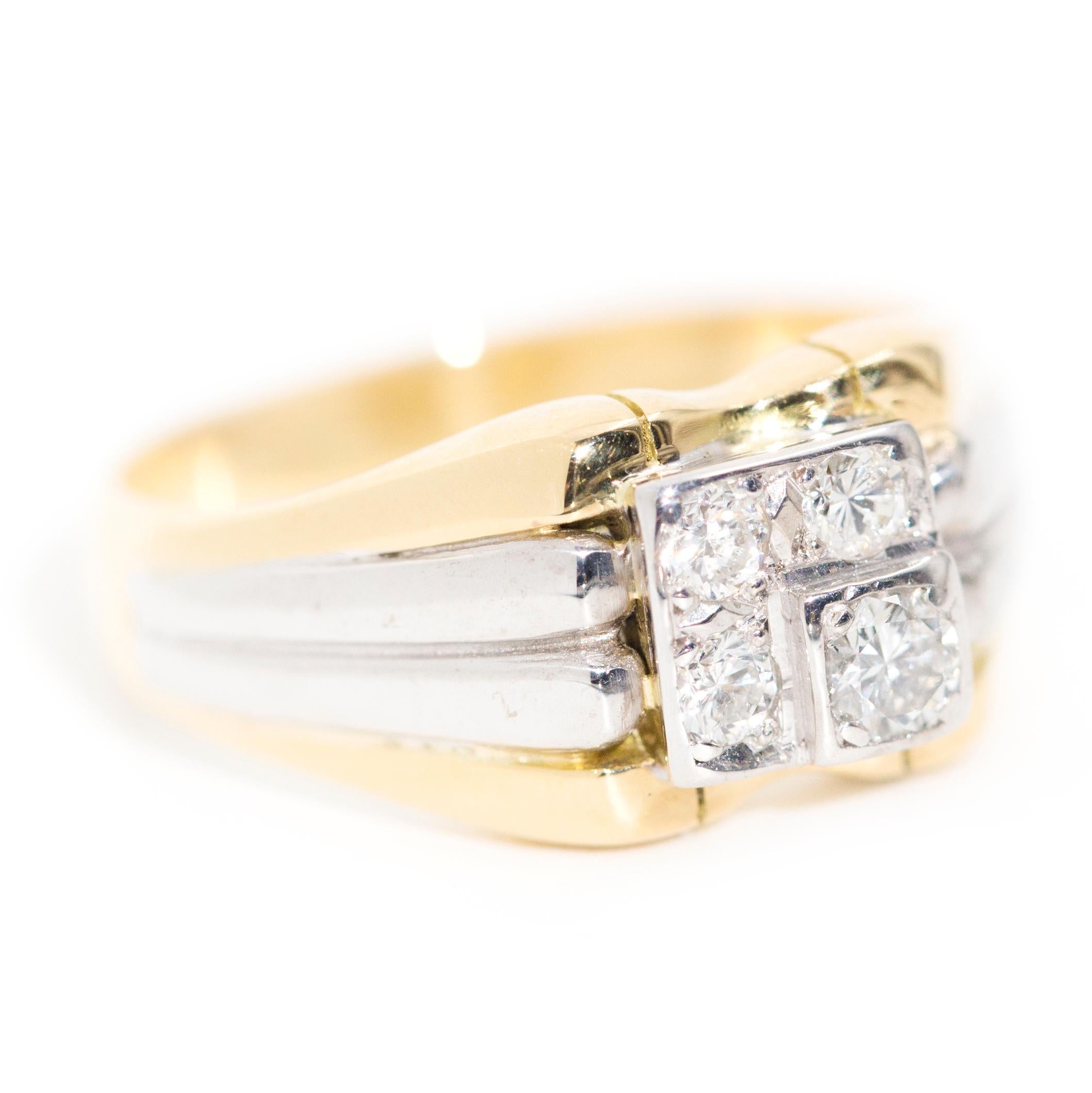Round Cut Round Diamond Vintage Men's Signet Ring in 18 Carat Yellow and White Gold