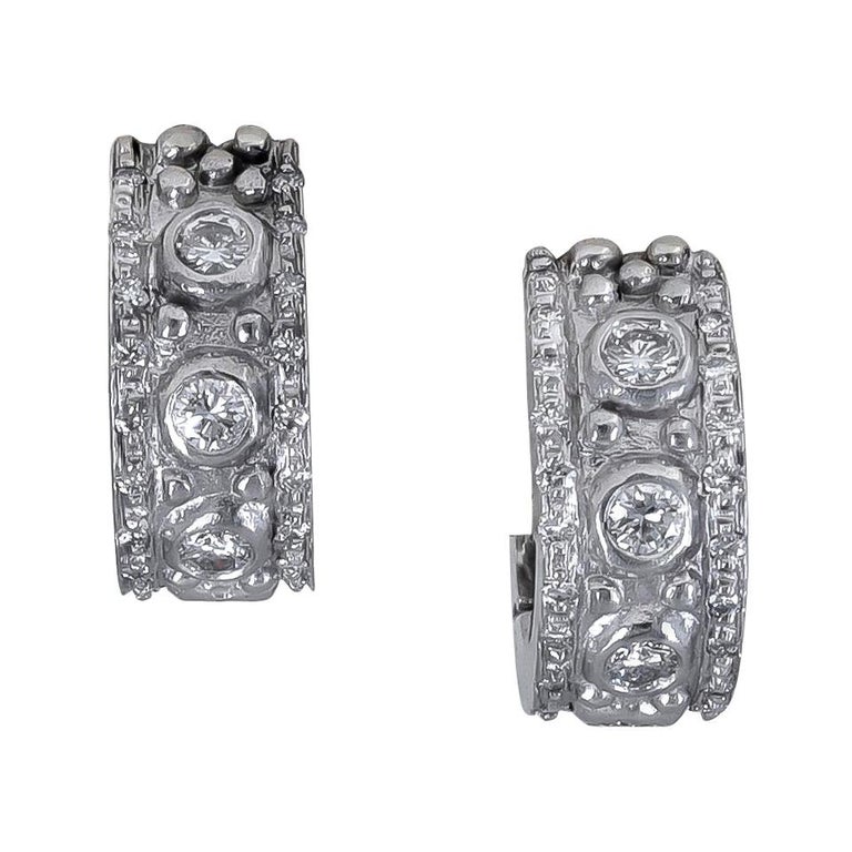 Round Diamond Wide Hoop Earrings in White Gold For Sale at 1stDibs