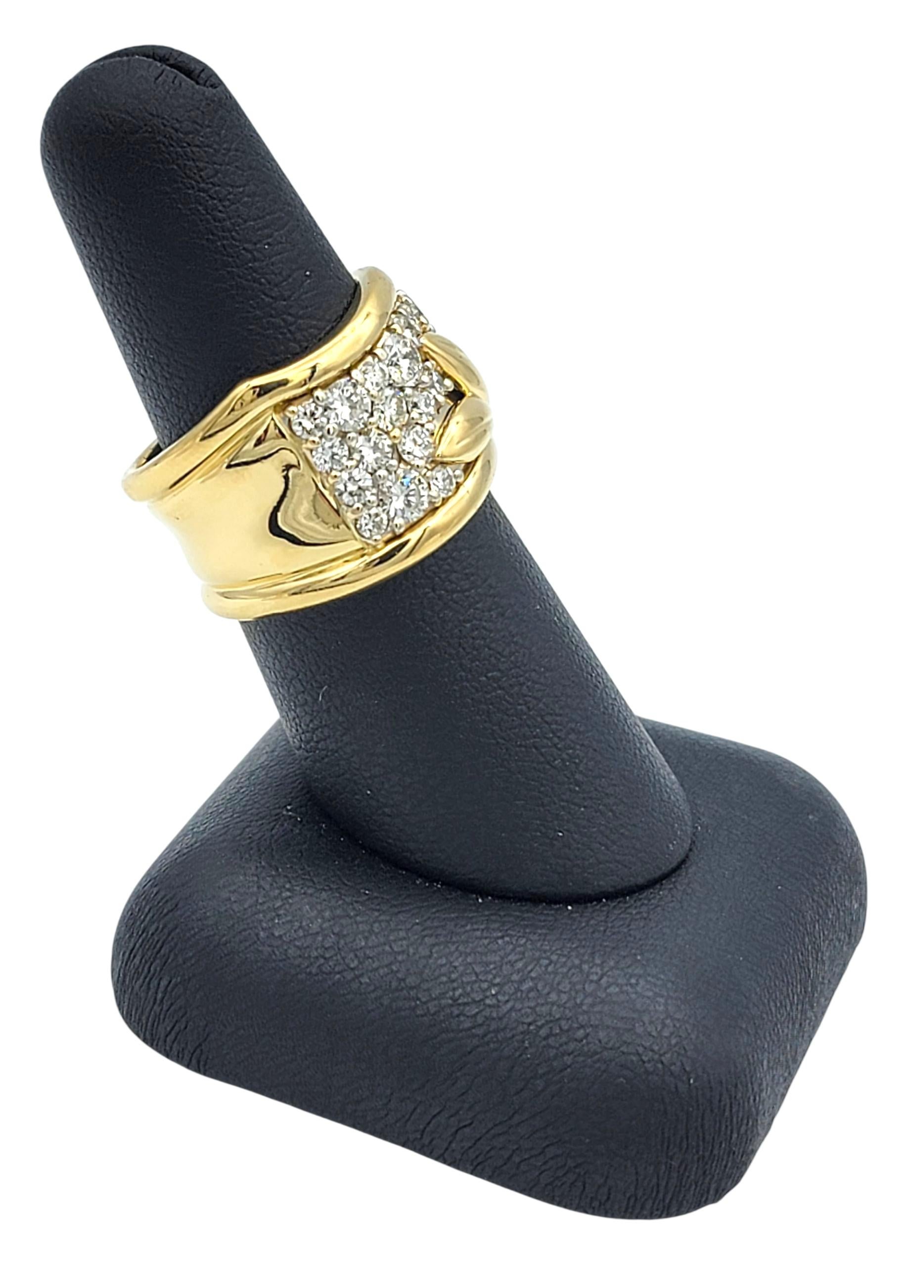 Round Diamond Wide Wave Band Ring with Leaf Motif in 18 Karat Yellow Gold For Sale 4