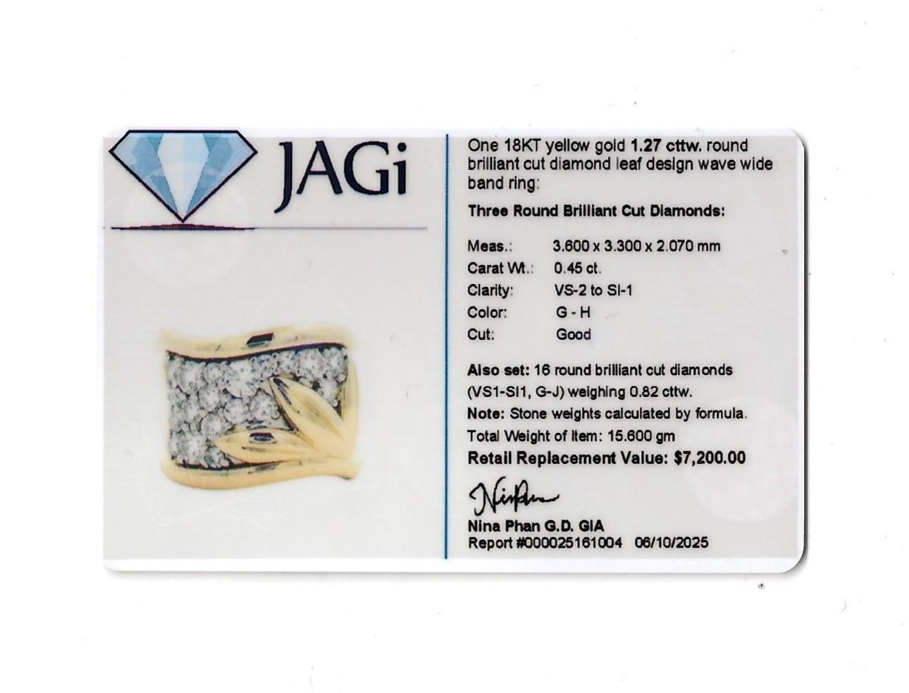 Round Diamond Wide Wave Band Ring with Leaf Motif in 18 Karat Yellow Gold For Sale 5