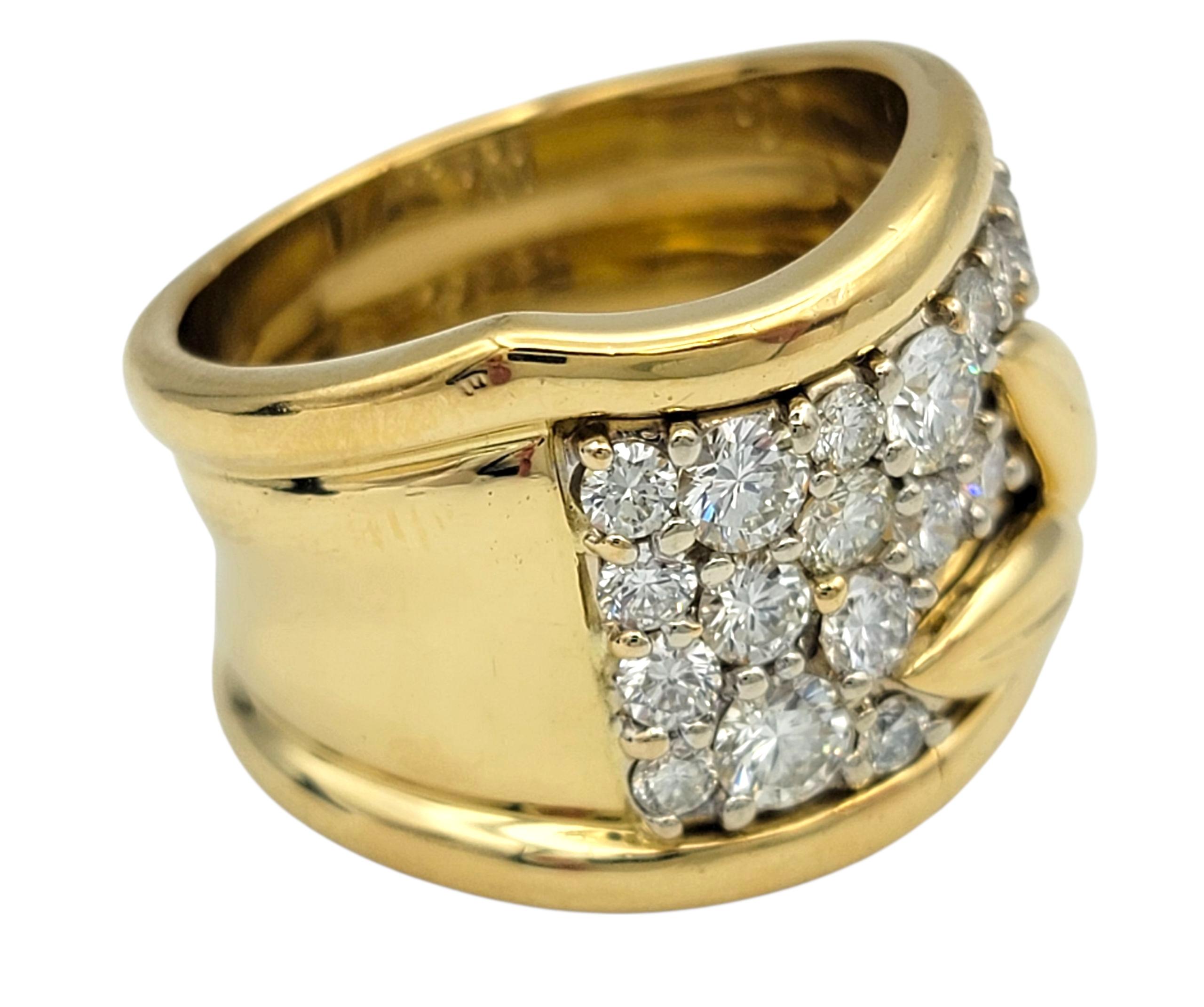 Contemporary Round Diamond Wide Wave Band Ring with Leaf Motif in 18 Karat Yellow Gold For Sale