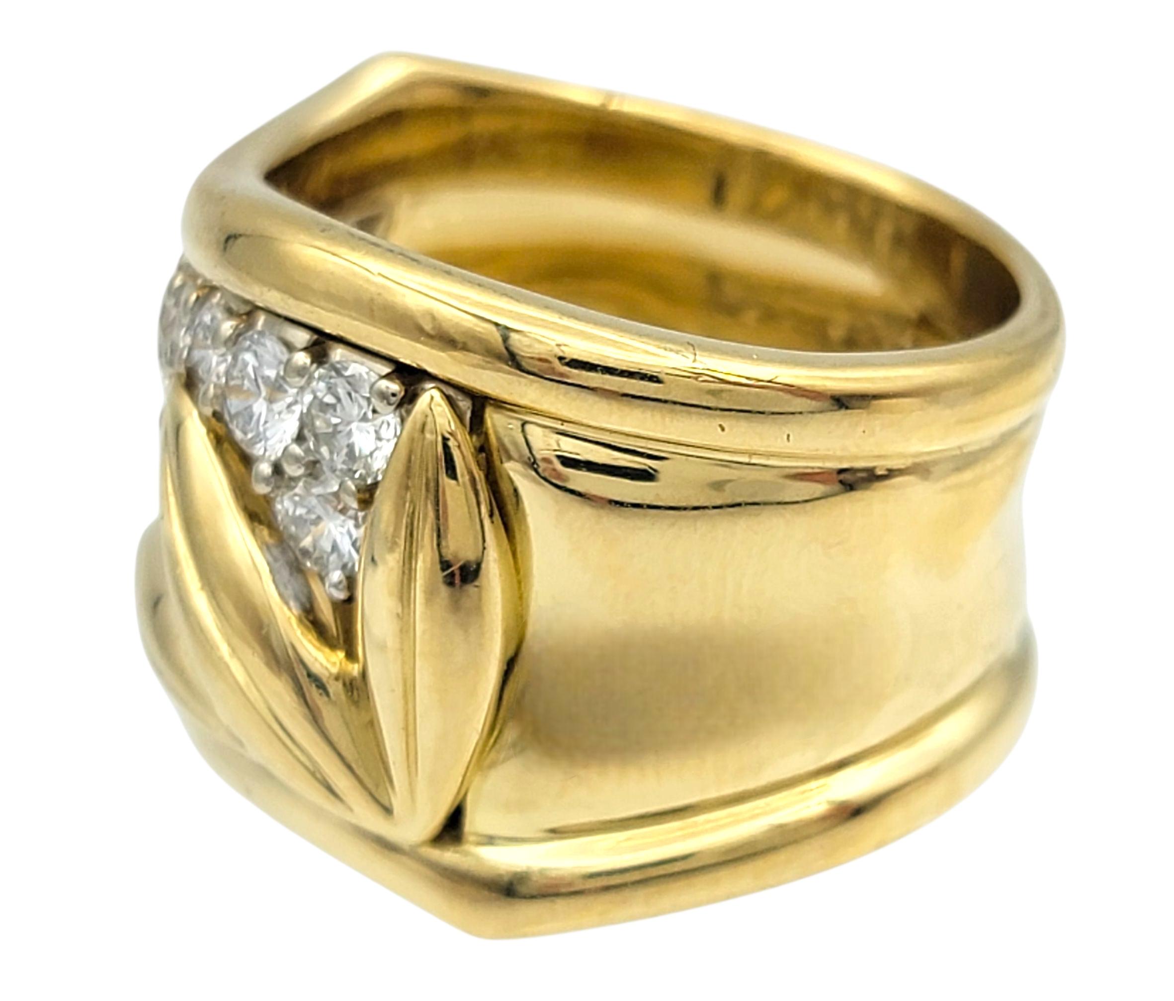 Round Cut Round Diamond Wide Wave Band Ring with Leaf Motif in 18 Karat Yellow Gold For Sale