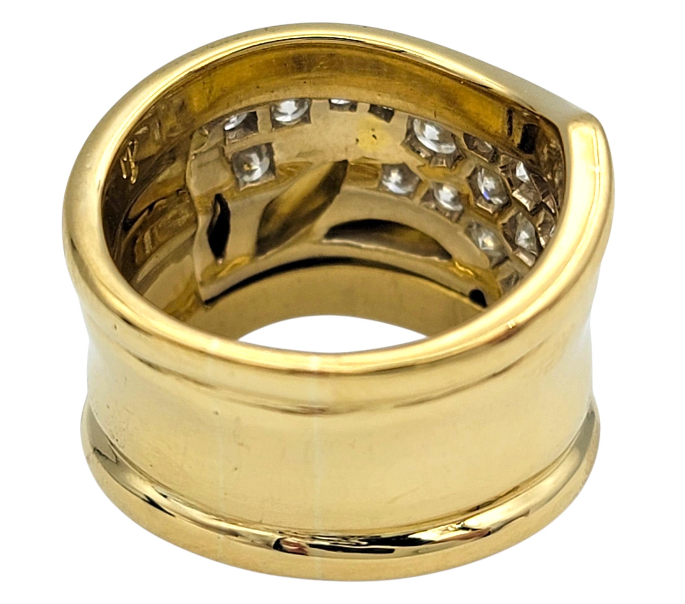 Round Diamond Wide Wave Band Ring with Leaf Motif in 18 Karat Yellow Gold In Good Condition For Sale In Scottsdale, AZ
