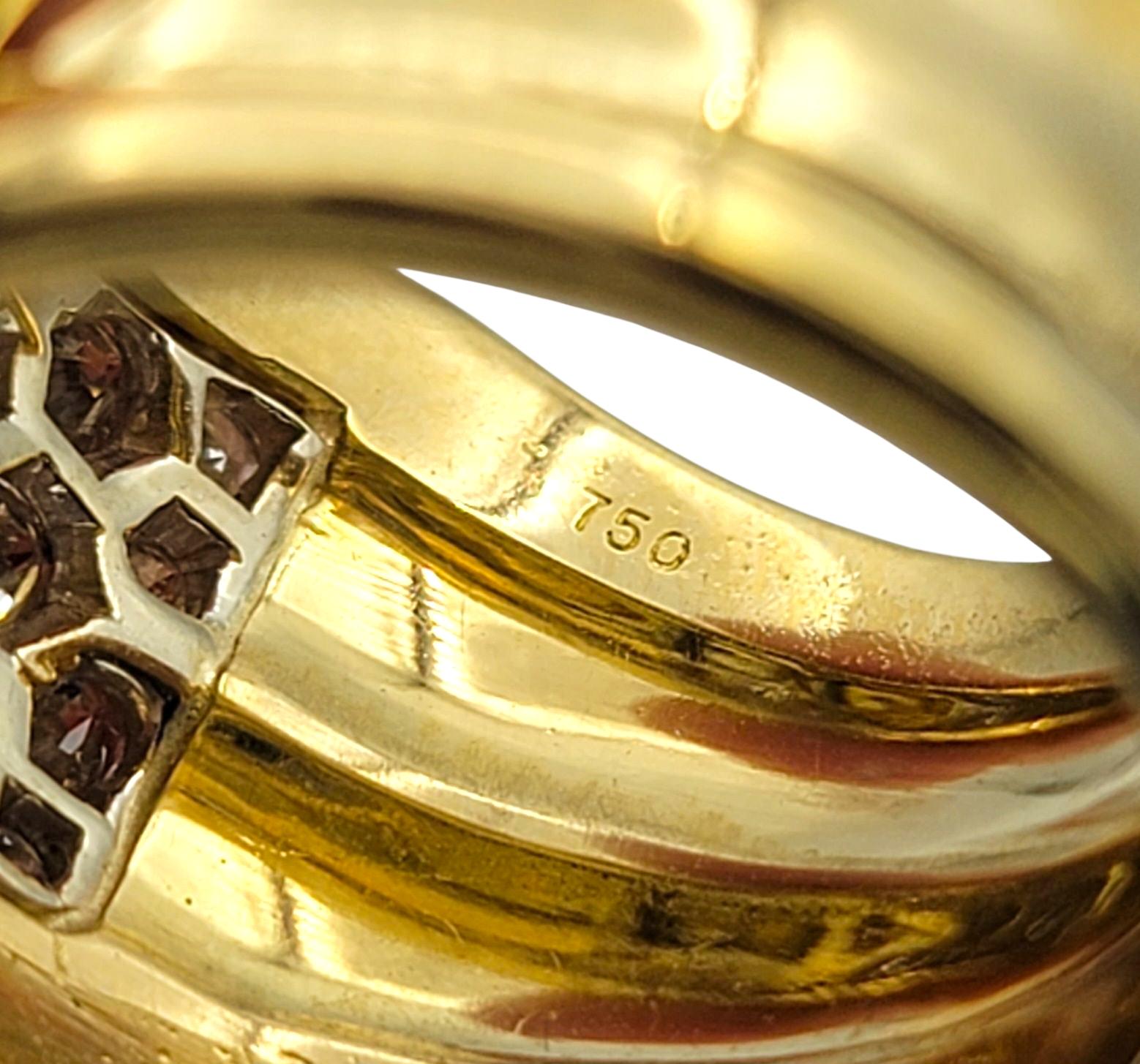 Women's Round Diamond Wide Wave Band Ring with Leaf Motif in 18 Karat Yellow Gold For Sale