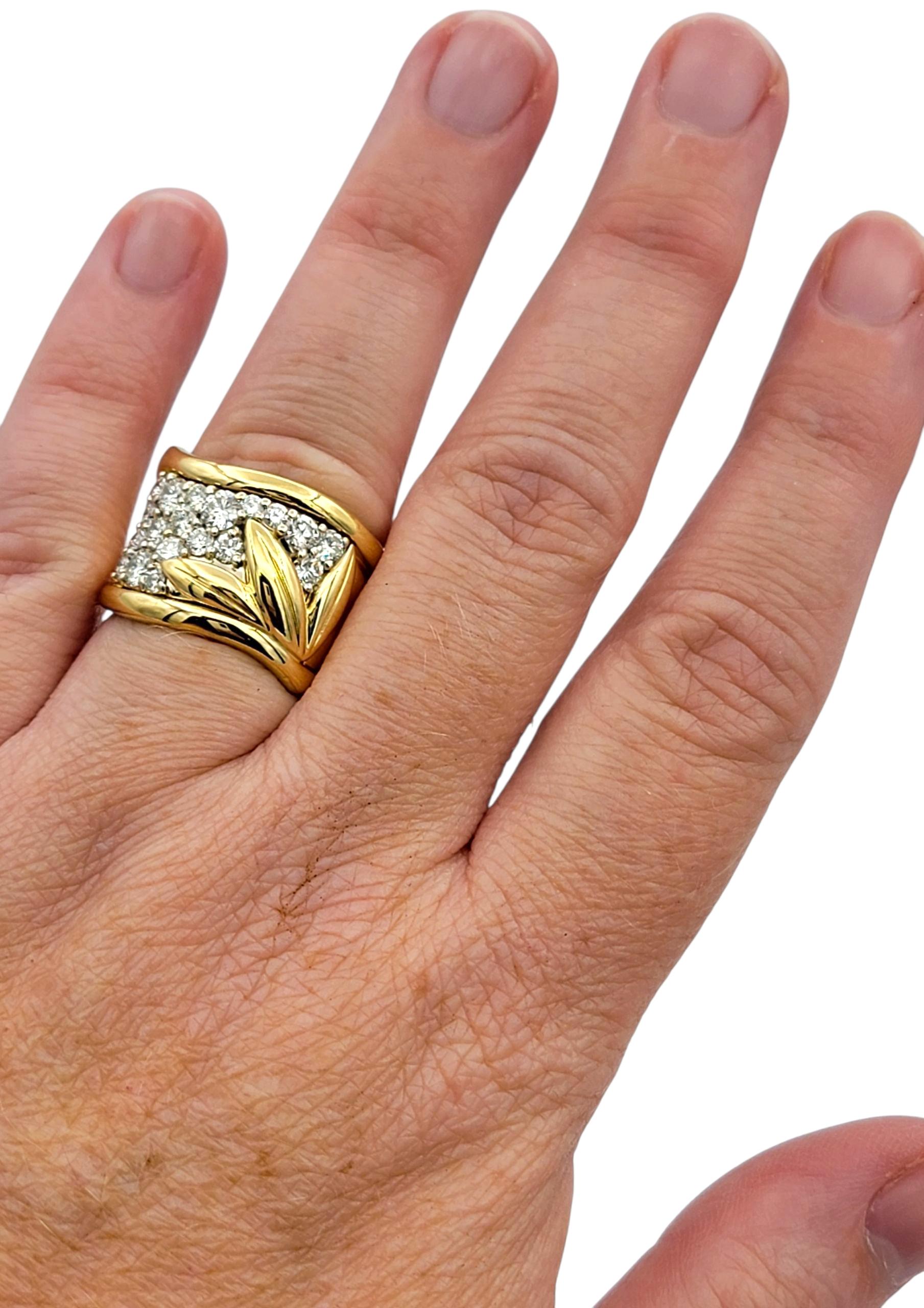 Round Diamond Wide Wave Band Ring with Leaf Motif in 18 Karat Yellow Gold For Sale 1