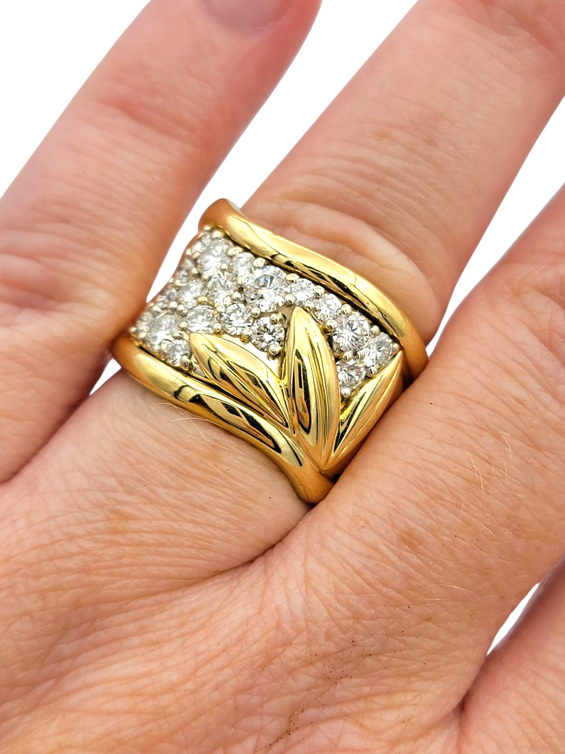 Round Diamond Wide Wave Band Ring with Leaf Motif in 18 Karat Yellow Gold For Sale 2