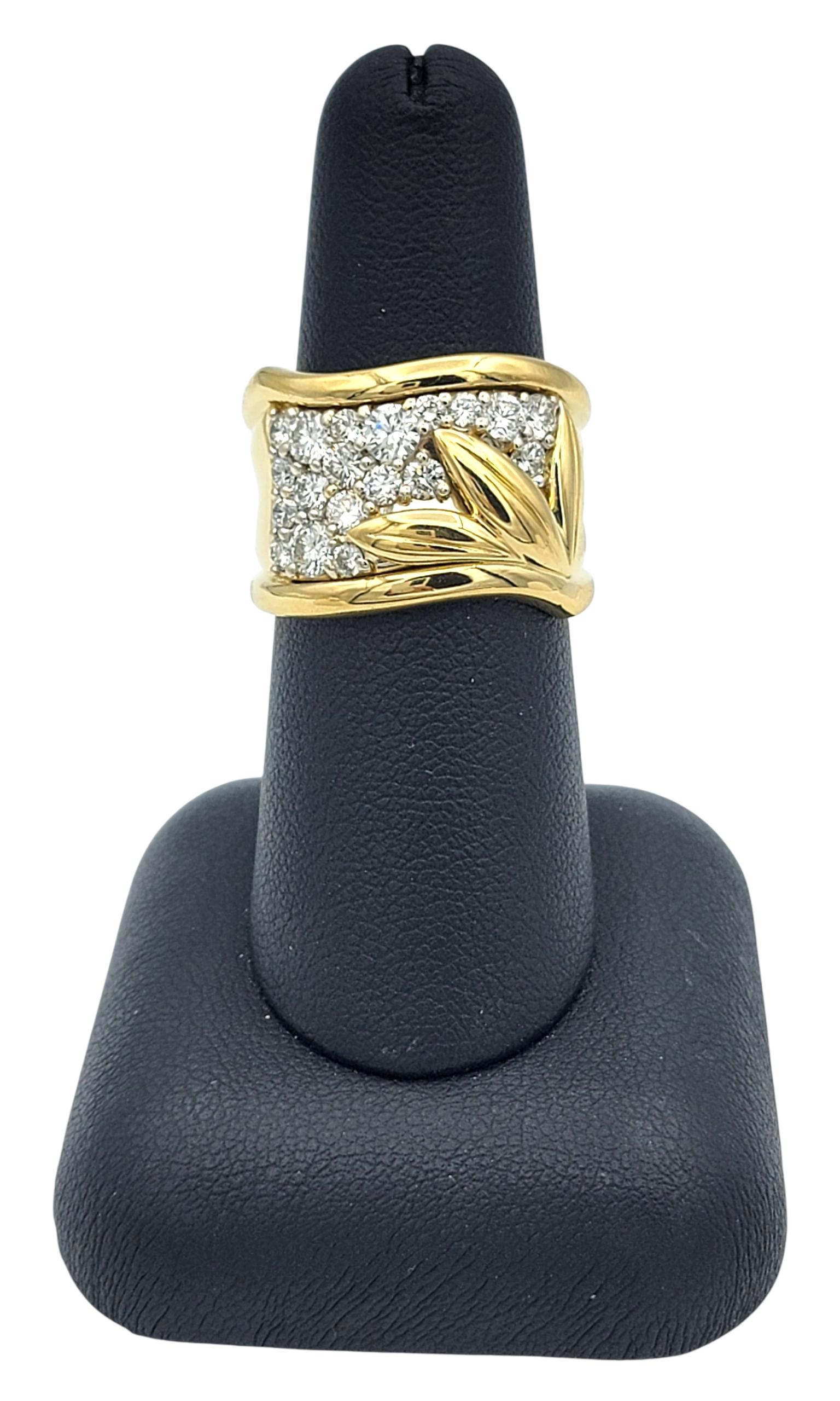 Round Diamond Wide Wave Band Ring with Leaf Motif in 18 Karat Yellow Gold For Sale 3