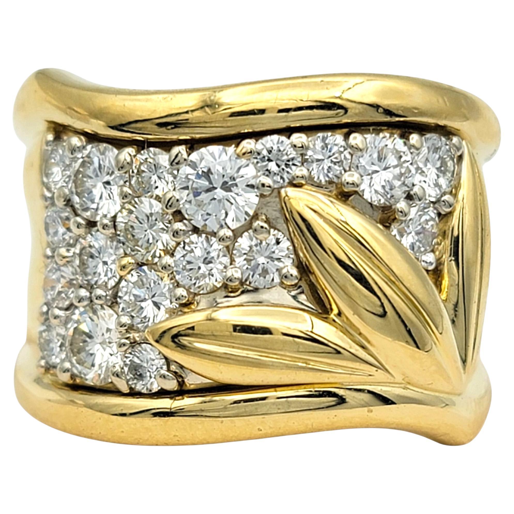 Round Diamond Wide Wave Band Ring with Leaf Motif in 18 Karat Yellow Gold For Sale