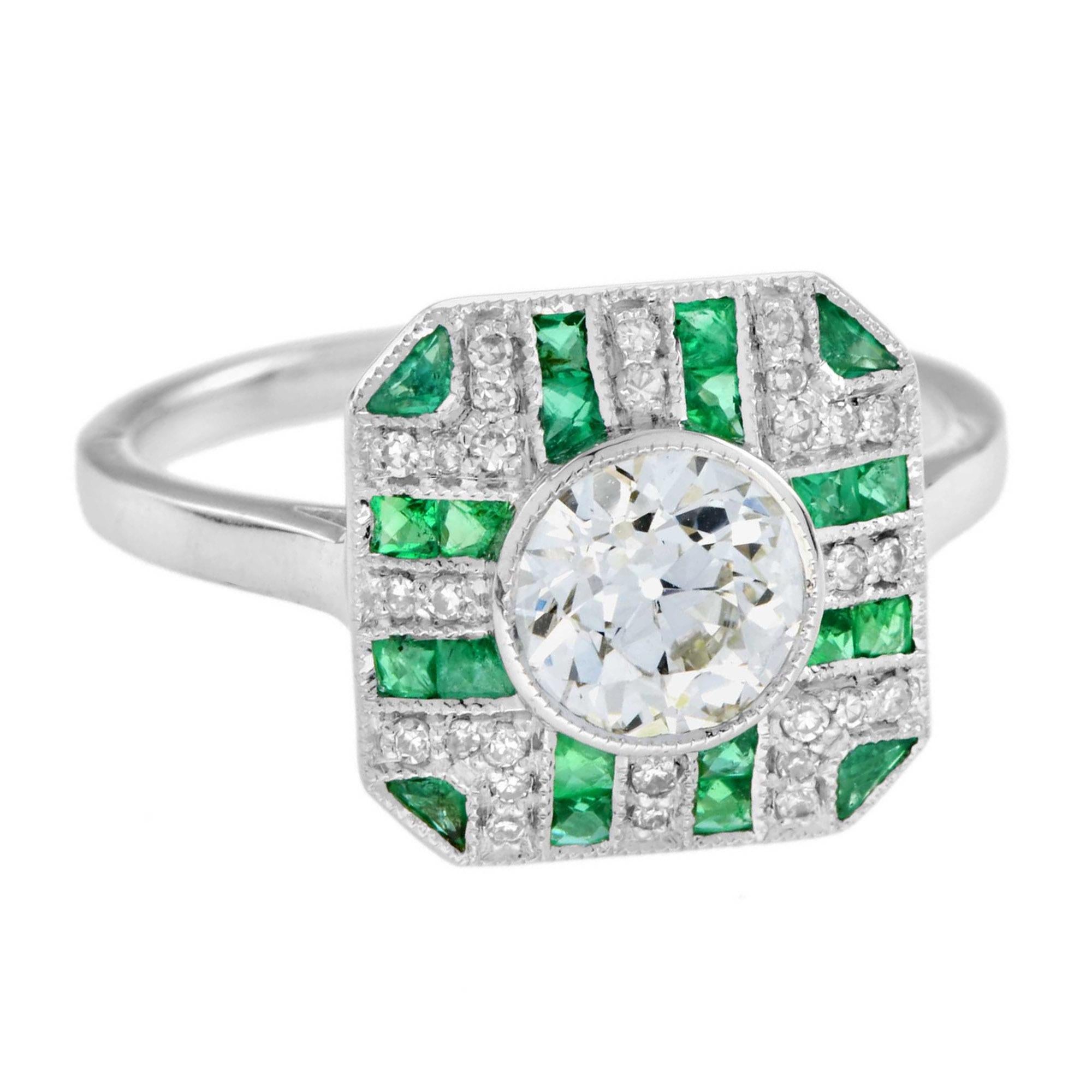Women's GIA Diamond with Emerald Art Deco Style Engagement Ring in 18k White Gold For Sale