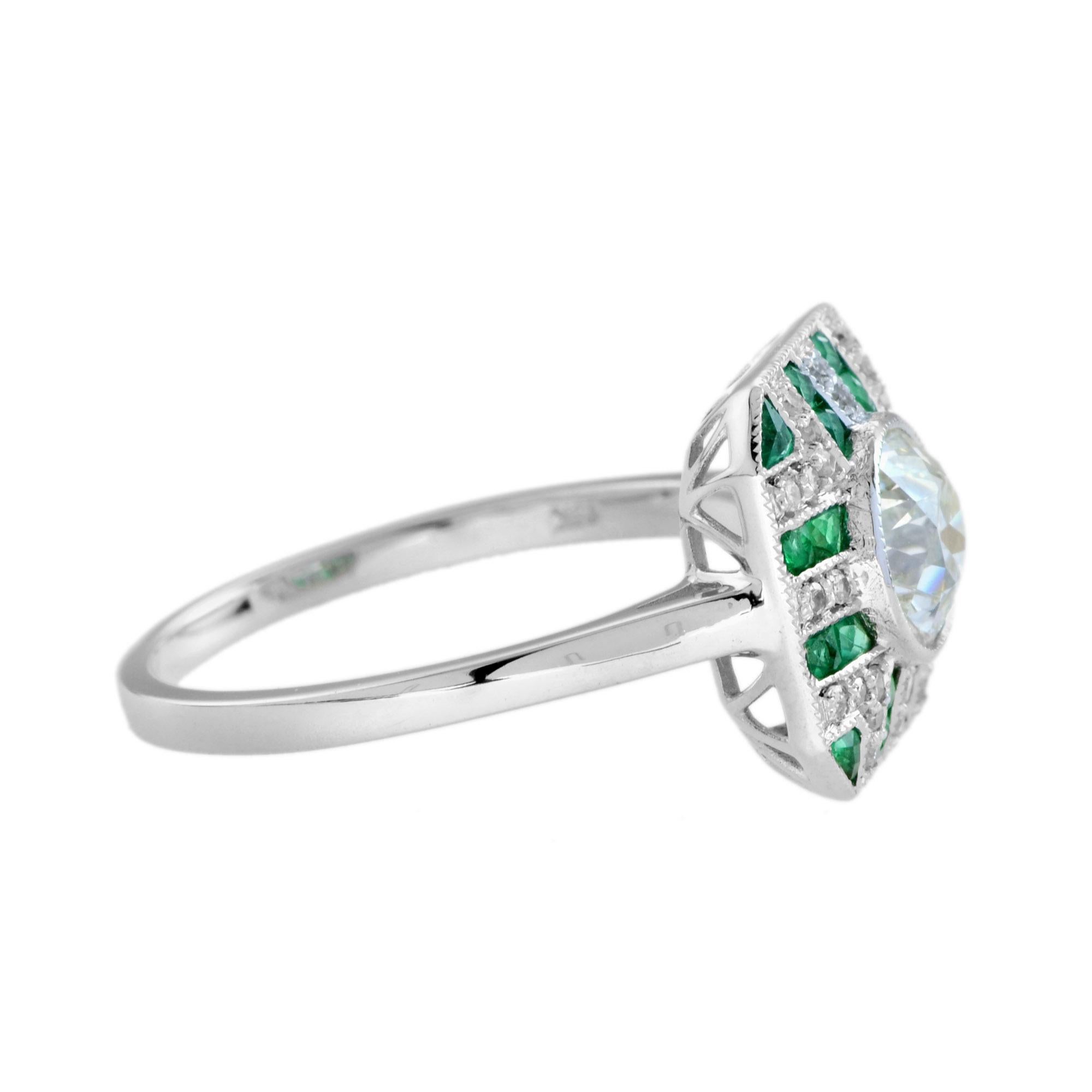 GIA Diamond with Emerald Art Deco Style Engagement Ring in 18k White Gold For Sale 1