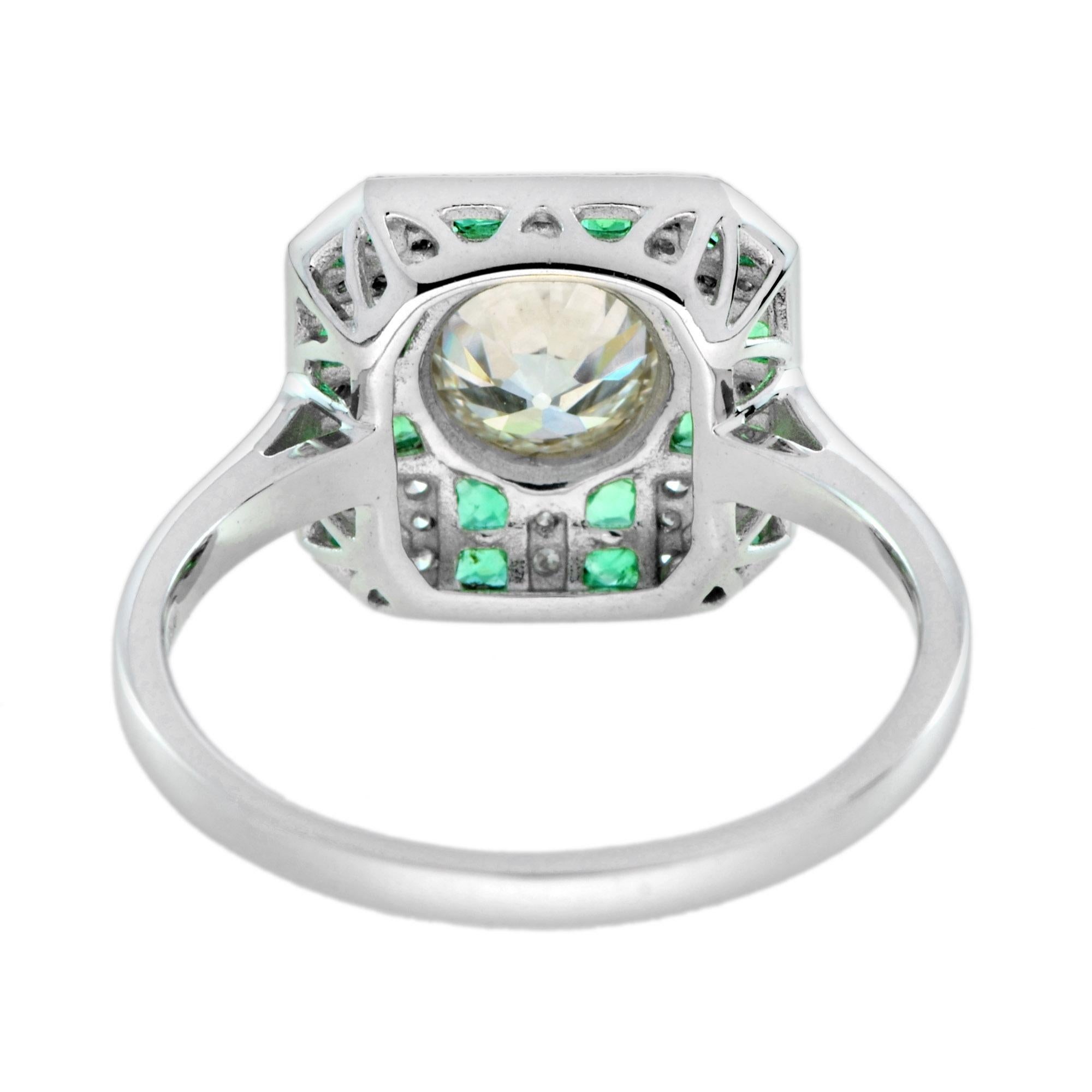 GIA Diamond with Emerald Art Deco Style Engagement Ring in 18k White Gold For Sale 2