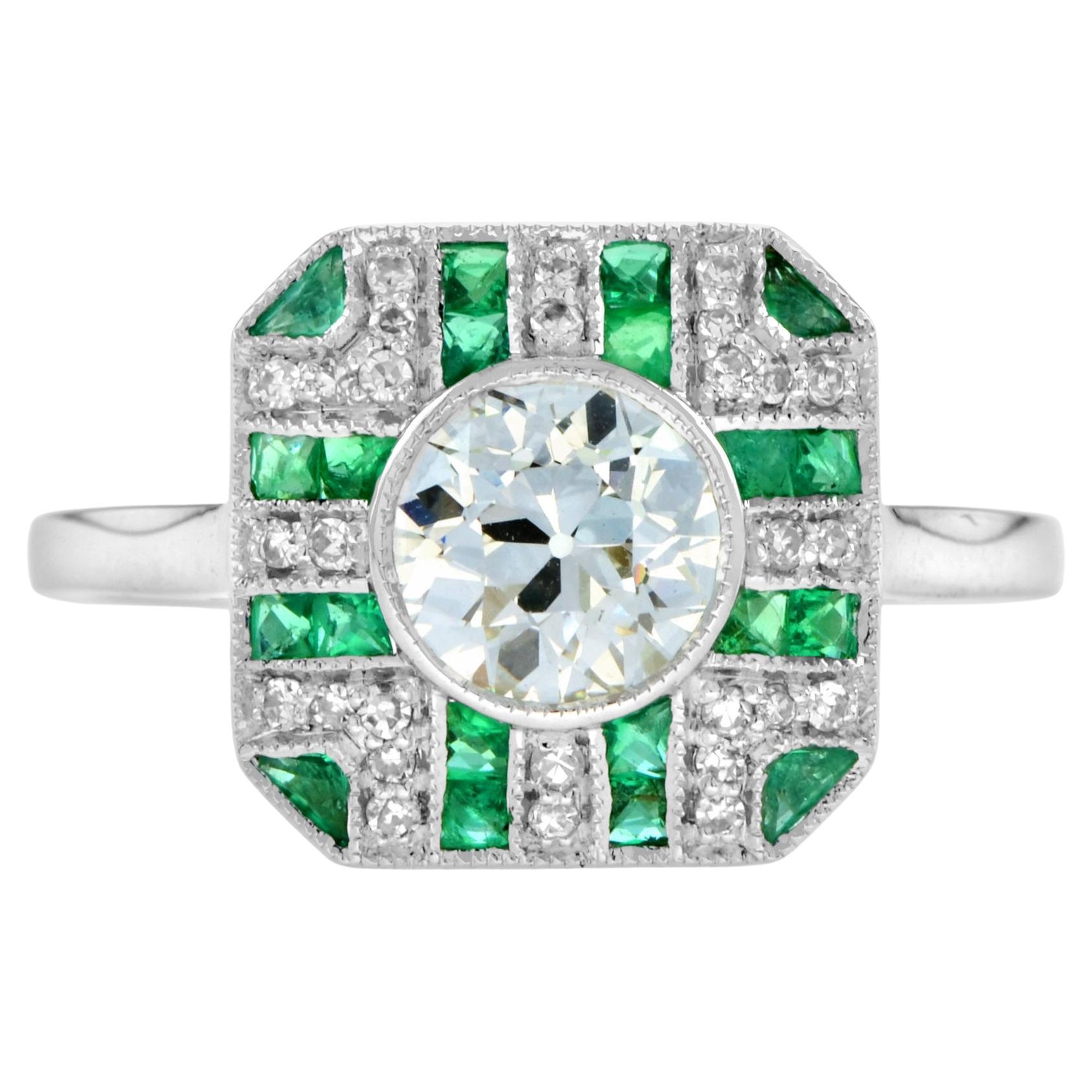 GIA Diamond with Emerald Art Deco Style Engagement Ring in 18k White Gold