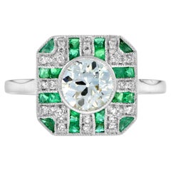 GIA Diamond with Emerald Art Deco Style Engagement Ring in 18k White Gold