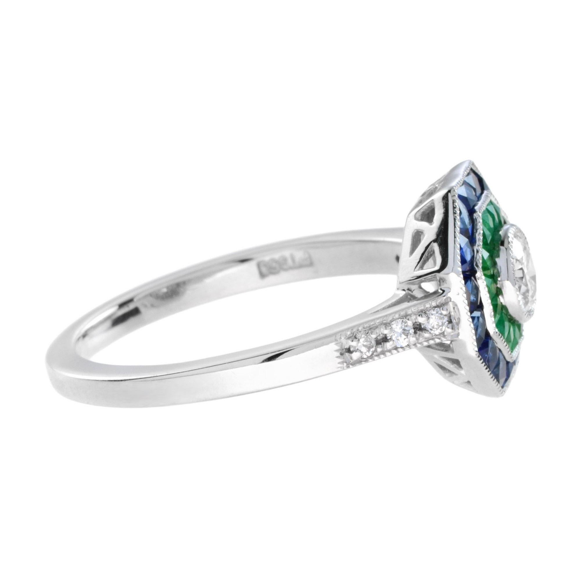 Art Deco Round Diamond with Emerald & Blue Sapphire Double Halo Set 14K White Gold Ring For Sale