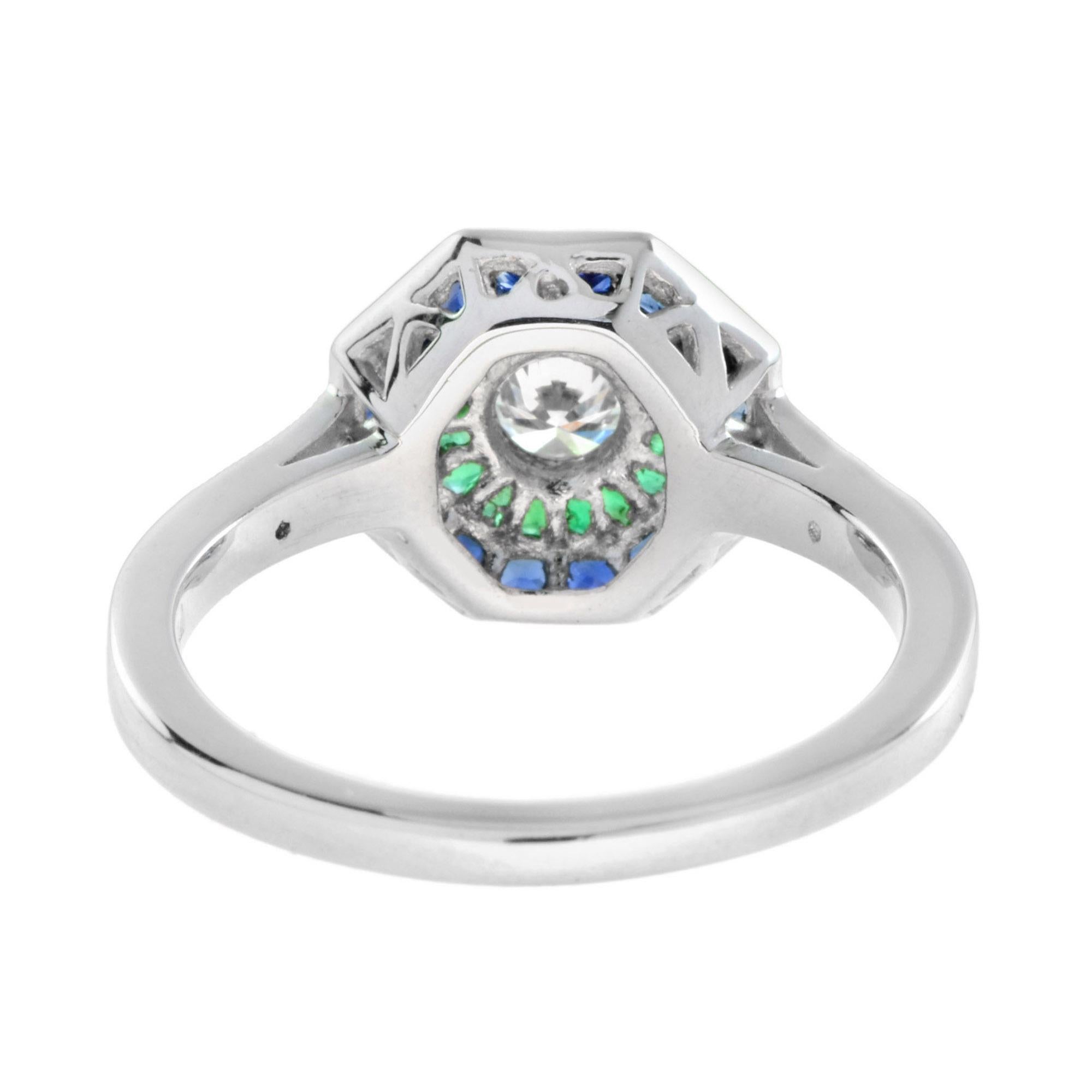 Round Cut Round Diamond with Emerald & Blue Sapphire Double Halo Set 14K White Gold Ring For Sale