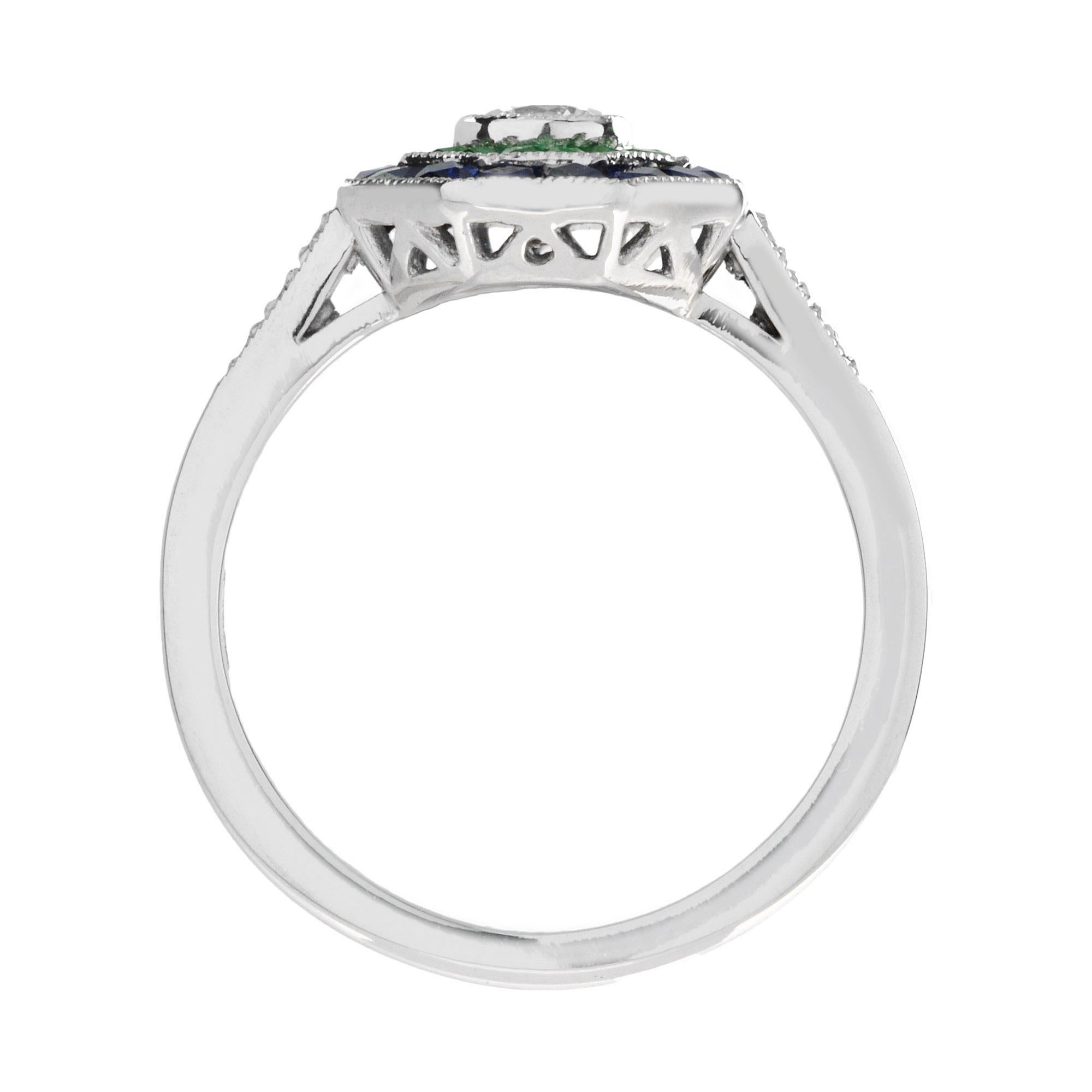 Round Diamond with Emerald & Blue Sapphire Double Halo Set 14K White Gold Ring In New Condition For Sale In Oakton, VA