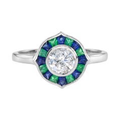 Round Diamond with Emerald & Sapphire Art Deco Style Mosaic White Gold Ring