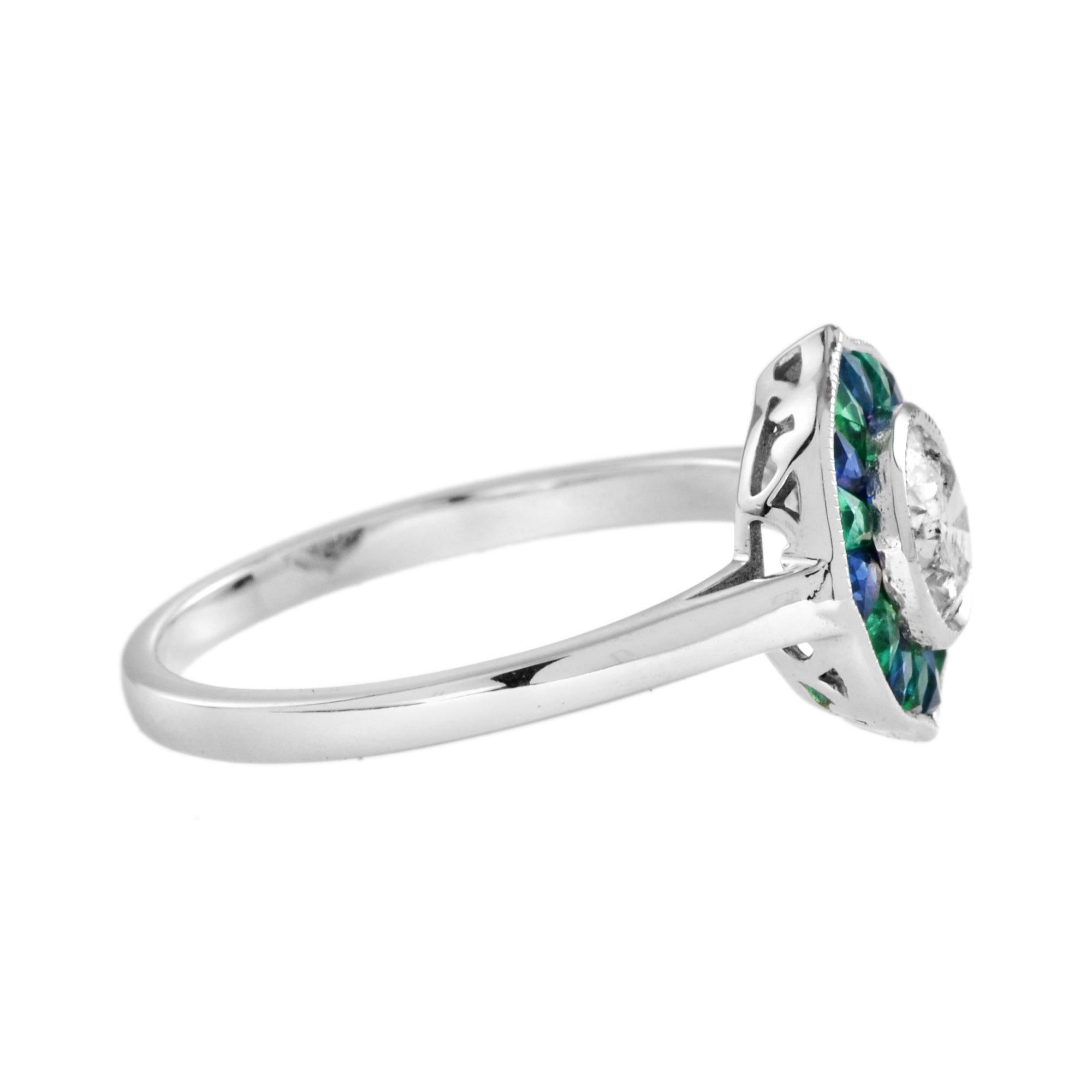 Anillo de Oro Blanco en Mosaico Estilo Art Decó de Diamante Redondo con Esmeralda y Zafiro Corte redondo en venta