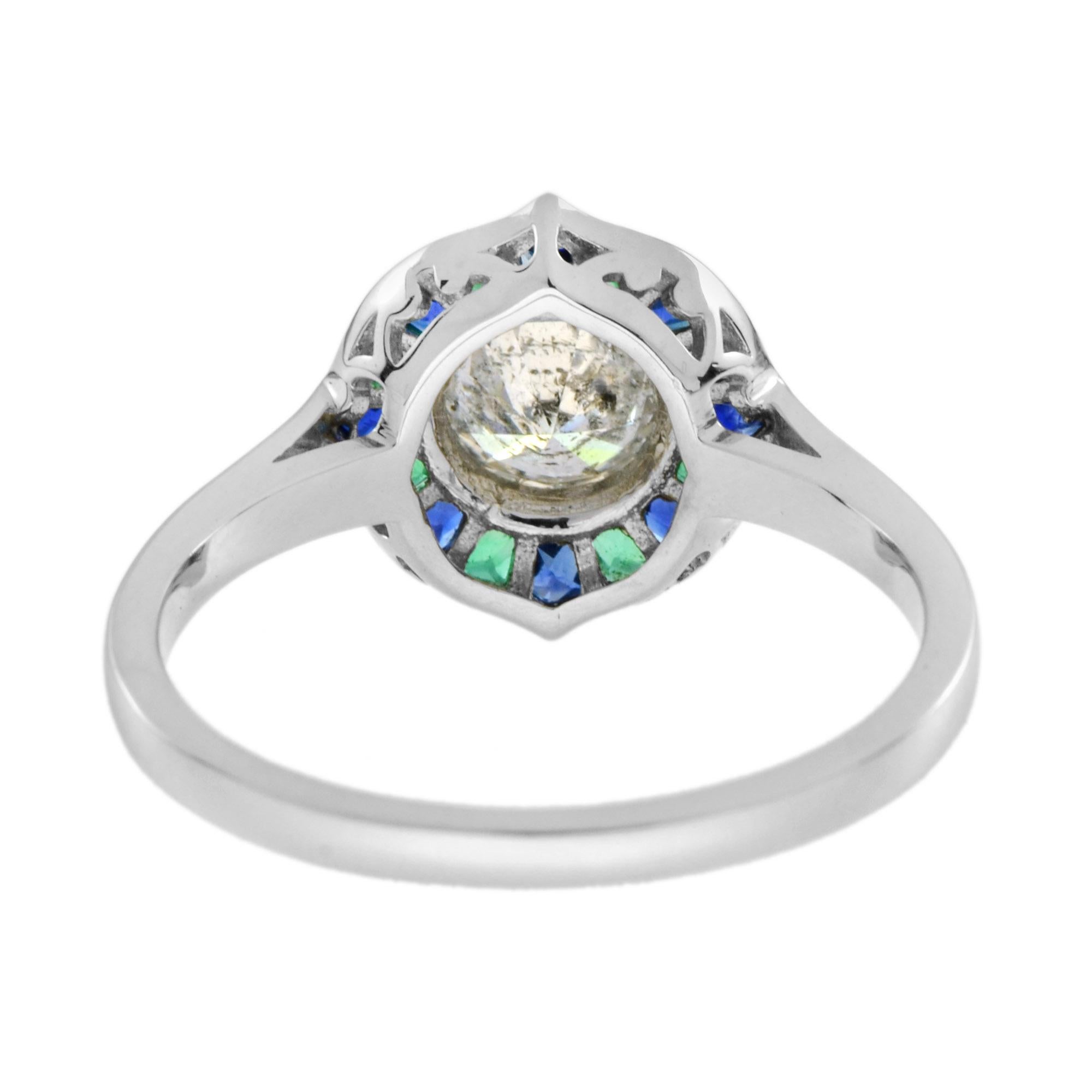Anillo de Oro Blanco en Mosaico Estilo Art Decó de Diamante Redondo con Esmeralda y Zafiro en Nuevo estado para la venta en Oakton, VA