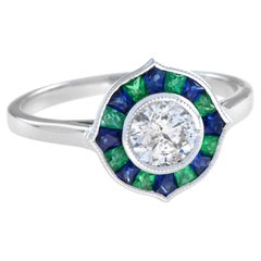 Round Diamond with Emerald & Sapphire Art Deco Style Mosaic White Gold Ring