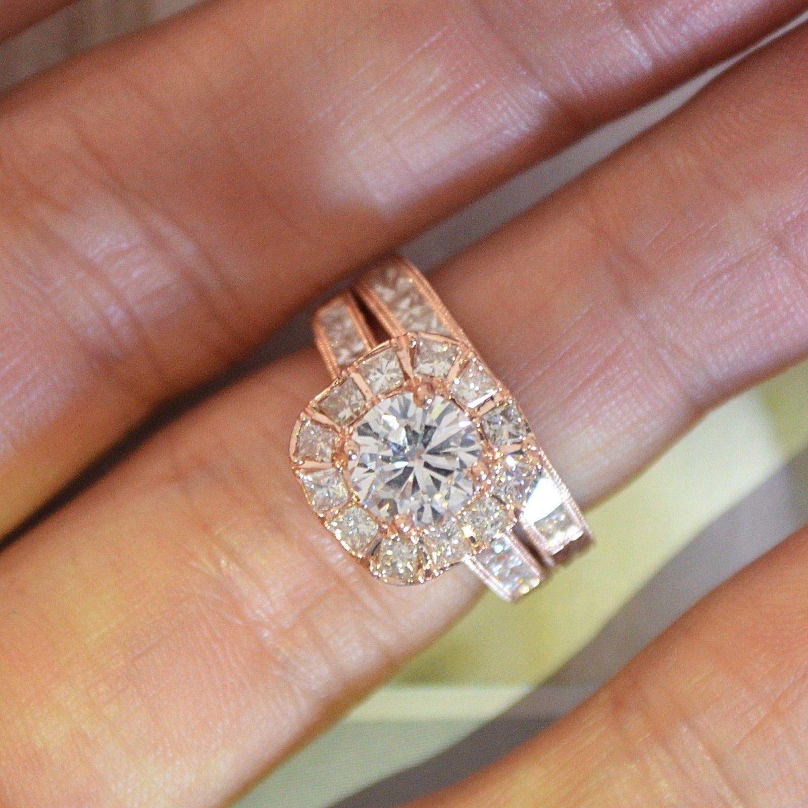 Runder Diamant mit Prinzessin Halo Verlobungsring Rose Gold, 1,45 Karat Damen im Angebot