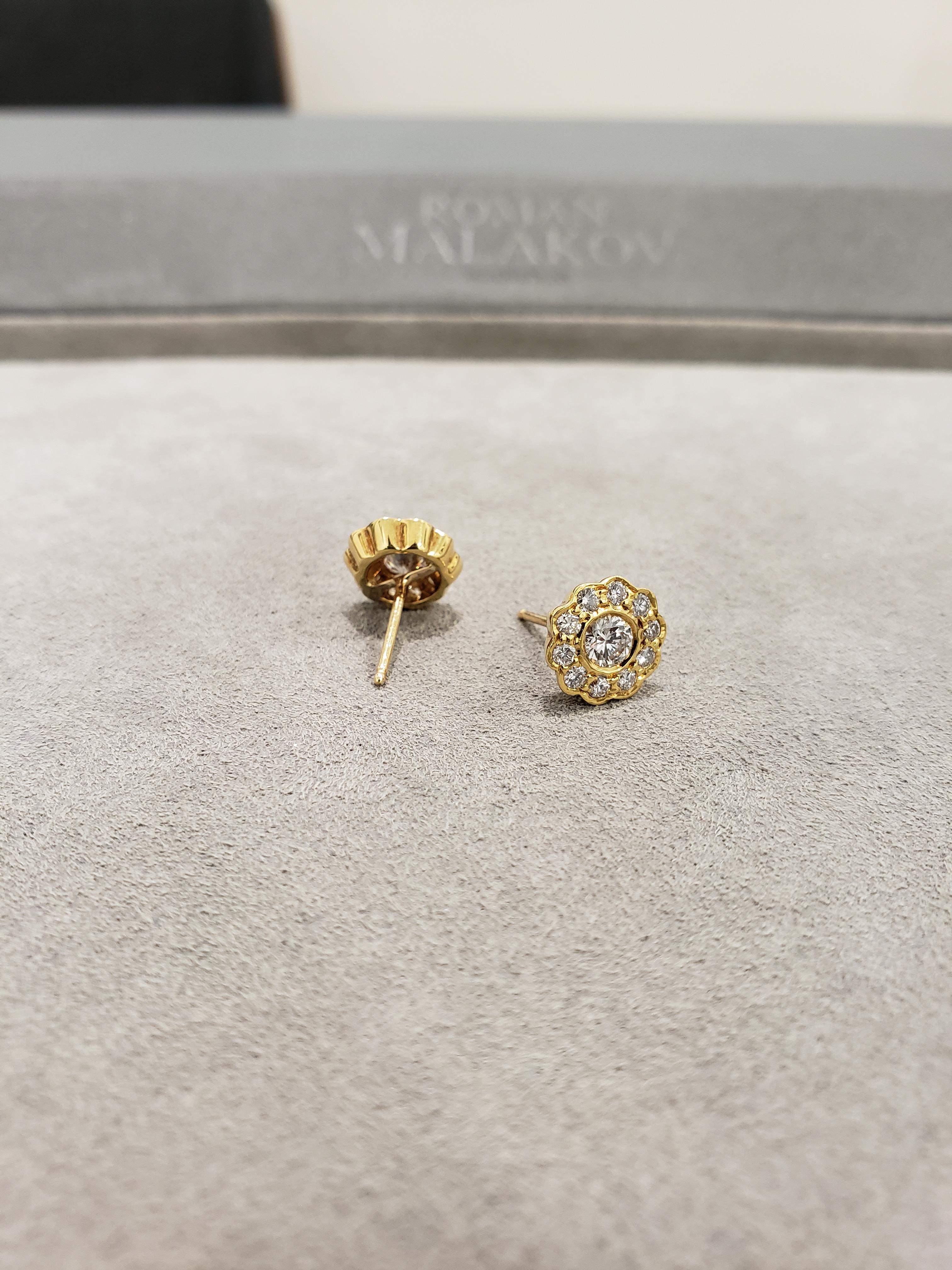 Round Cut Roman Malakov, Round Diamond Yellow Gold Flower Earrings