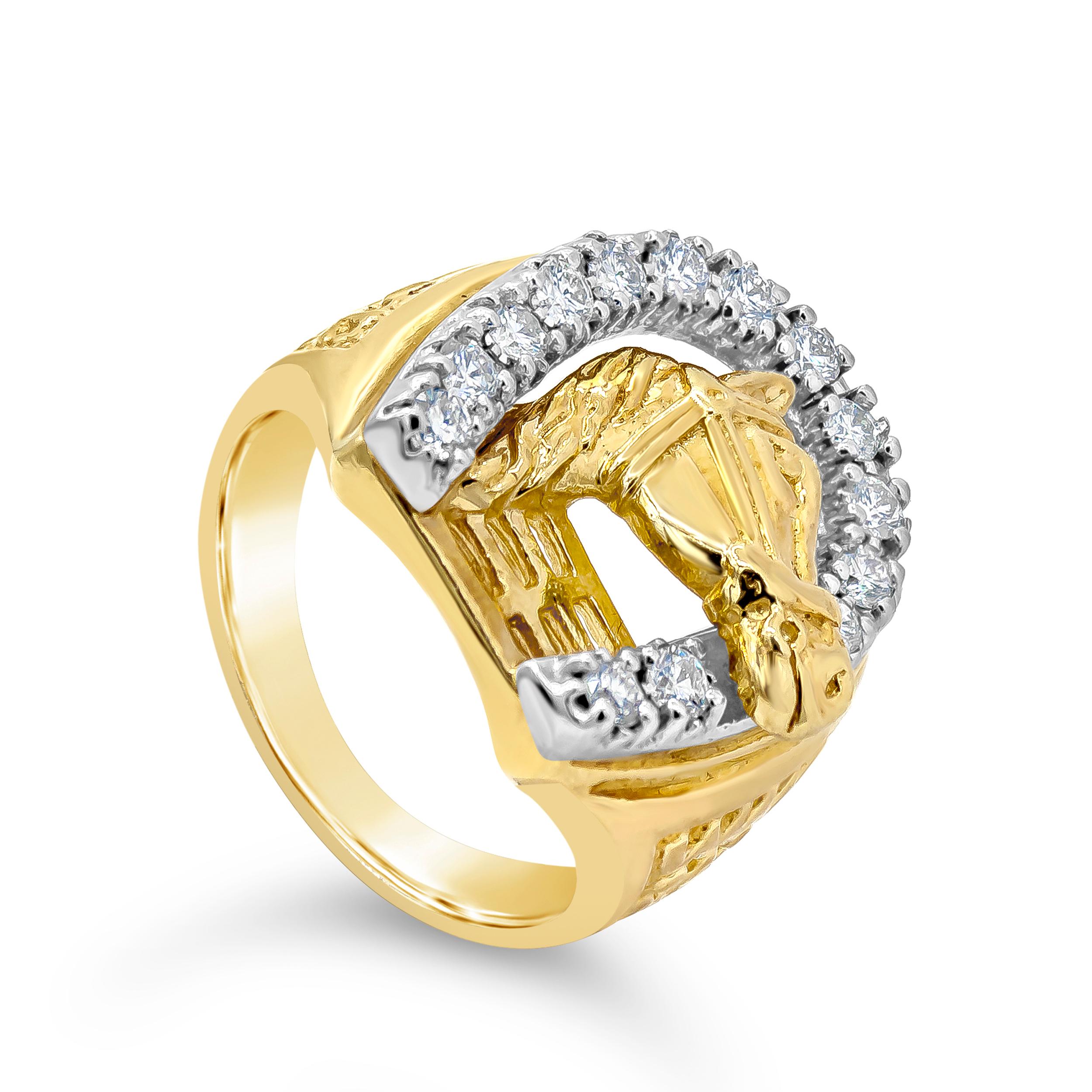A fashionable men's ring perfect for people who love horses or horse racing. Showcases a detailed horse figure, accented by a diamond encrusted horse shoe. Diamonds weigh 0.70 carats total. Set in thick 14K yellow gold. Size 9.25 US resizable upon