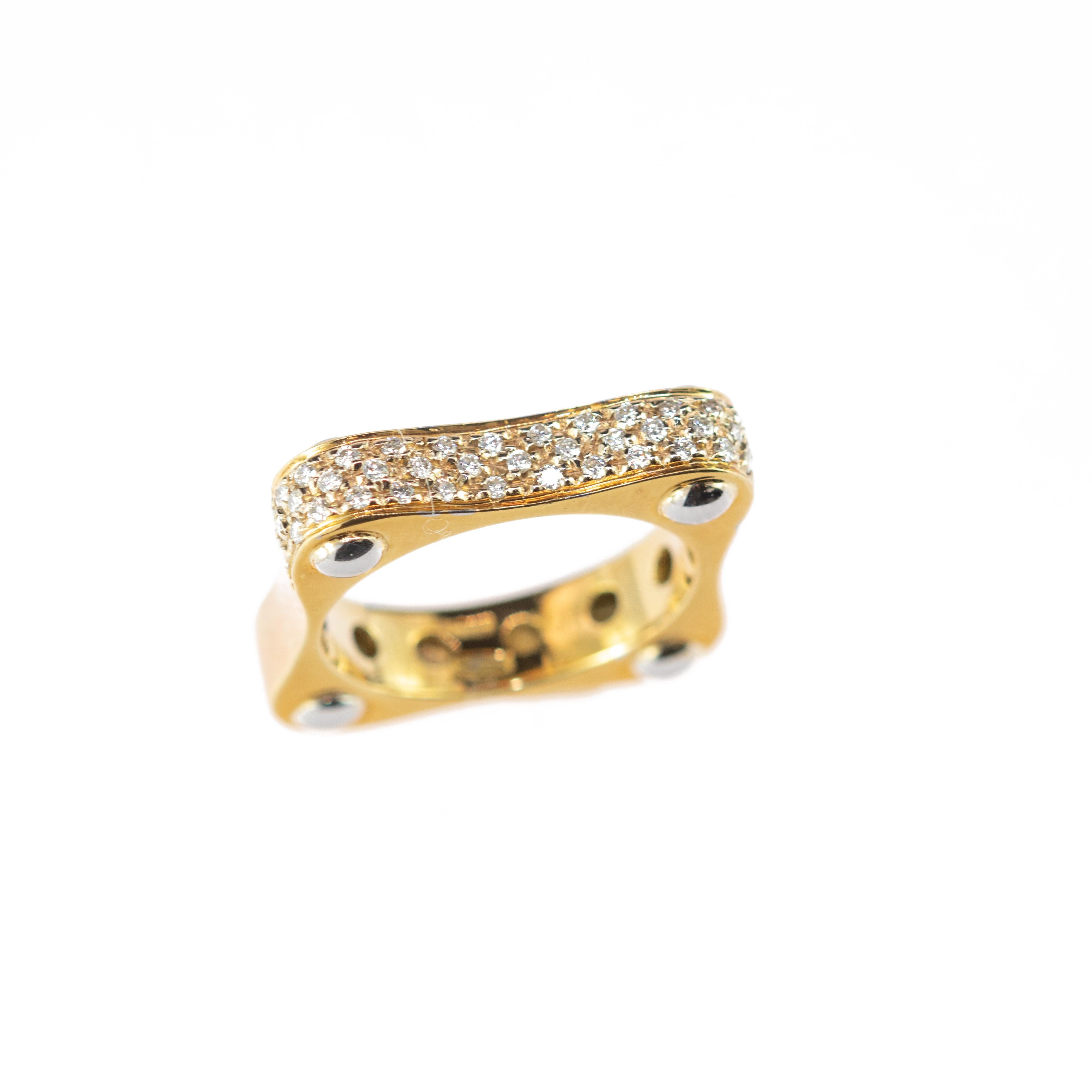 Art Nouveau Round Diamond 18 Karat Yellow Gold Band Square Minimalist Handmade Ring
