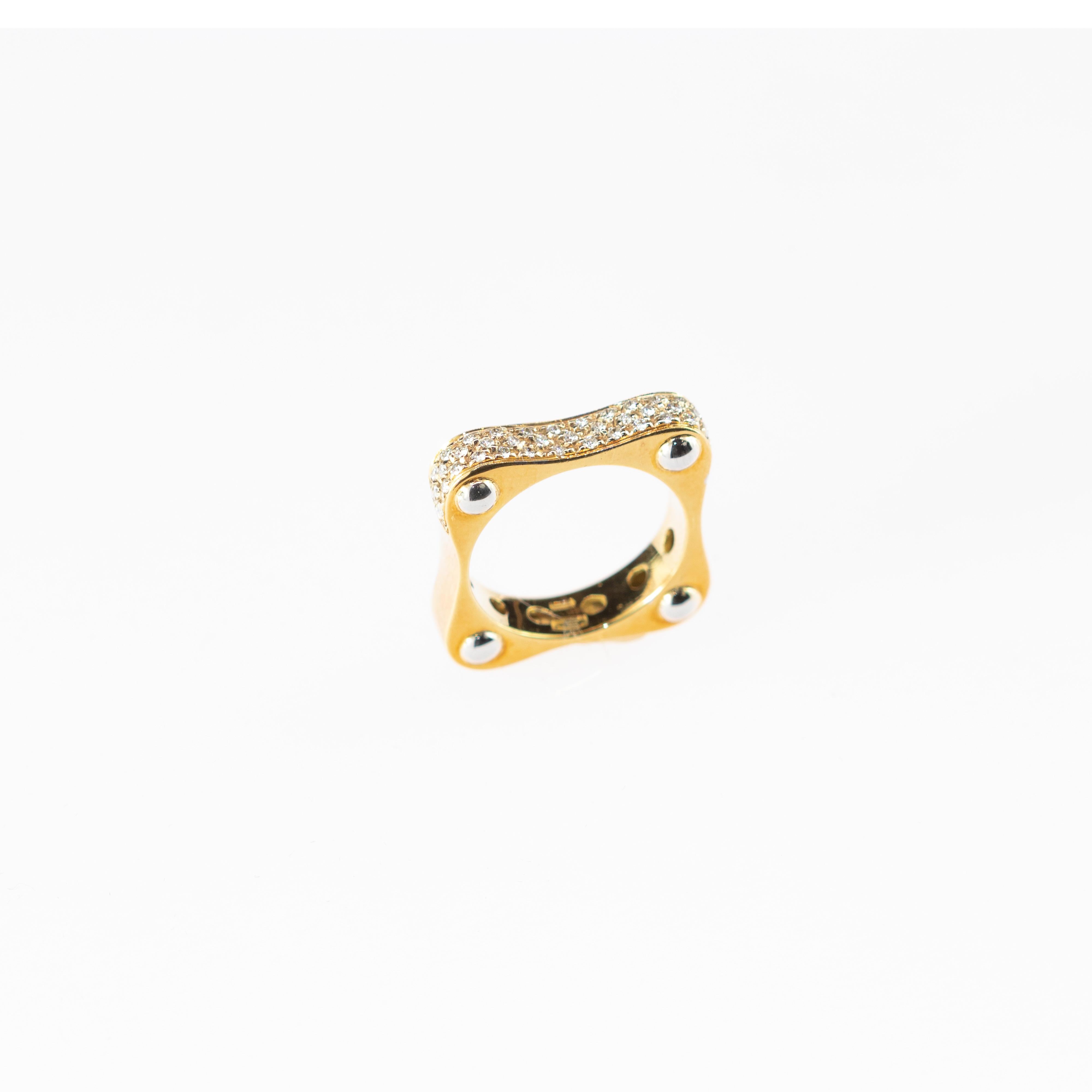 Women's Round Diamond 18 Karat Yellow Gold Band Square Minimalist Handmade Ring