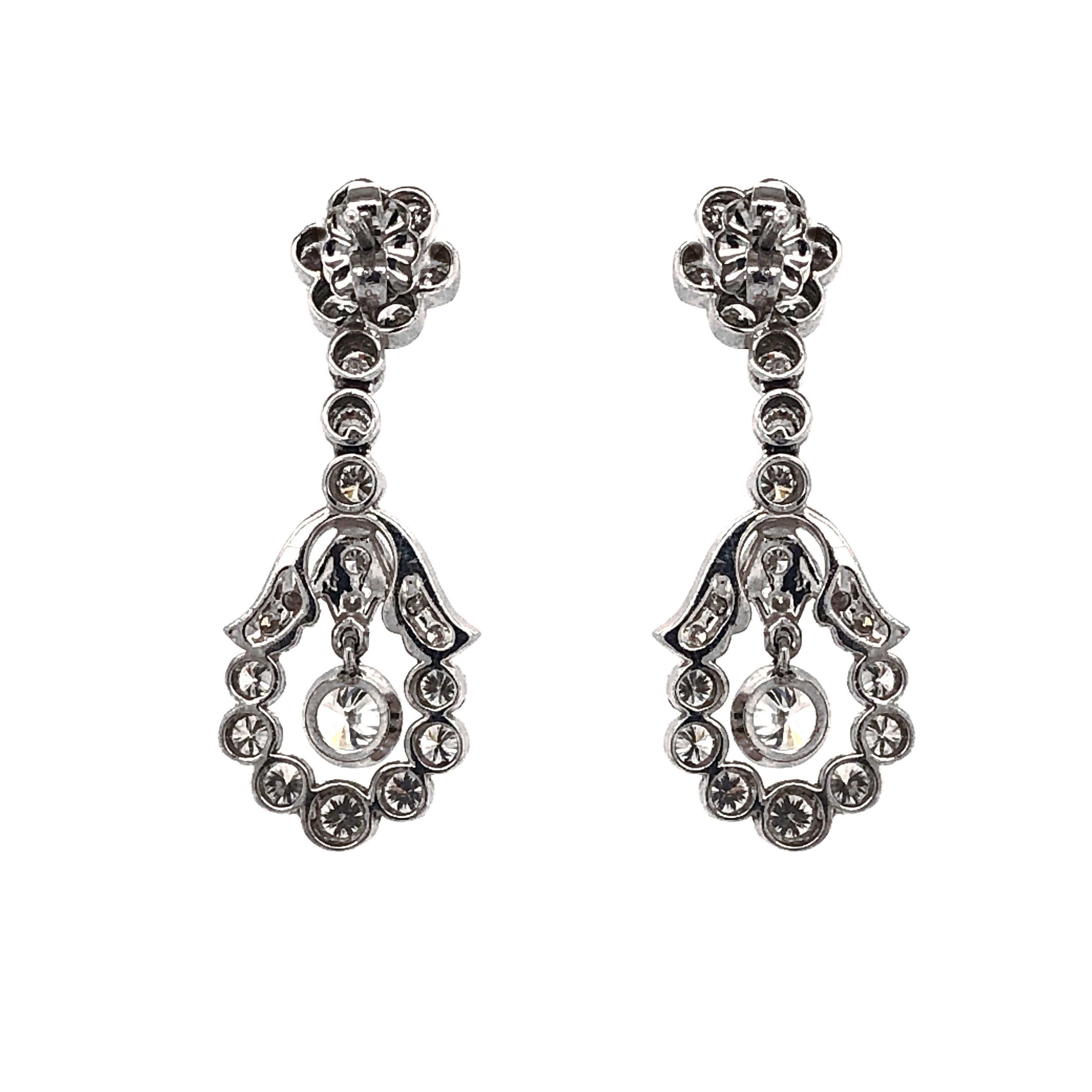 Contemporary Floral Inspired Round Diamonds 2.36 Carat Platinum Drop Earrings For Sale
