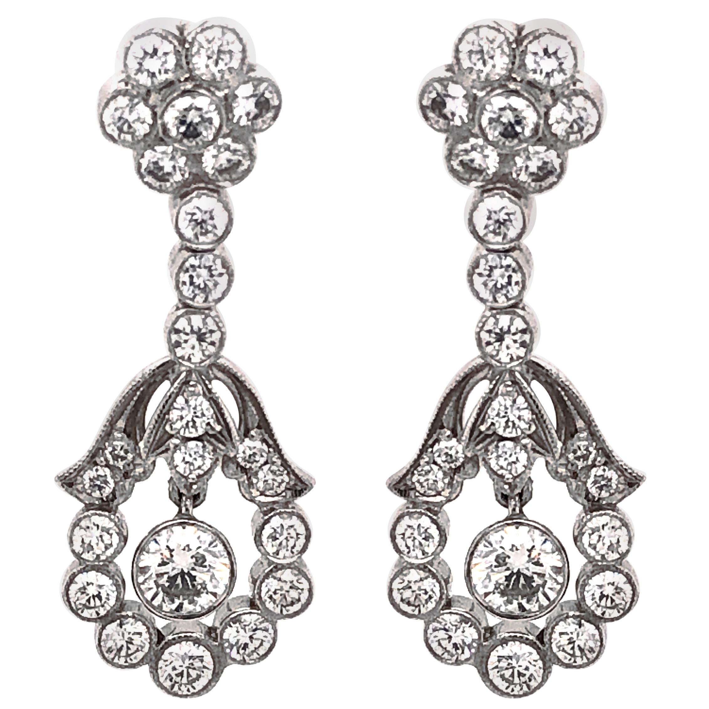 Floral Inspired Round Diamonds 2.36 Carat Platinum Drop Earrings For Sale