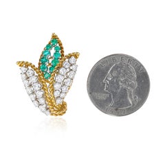 Round Diamonds and Emeralds Three Leaf Design Earrings, 18K and Platinum