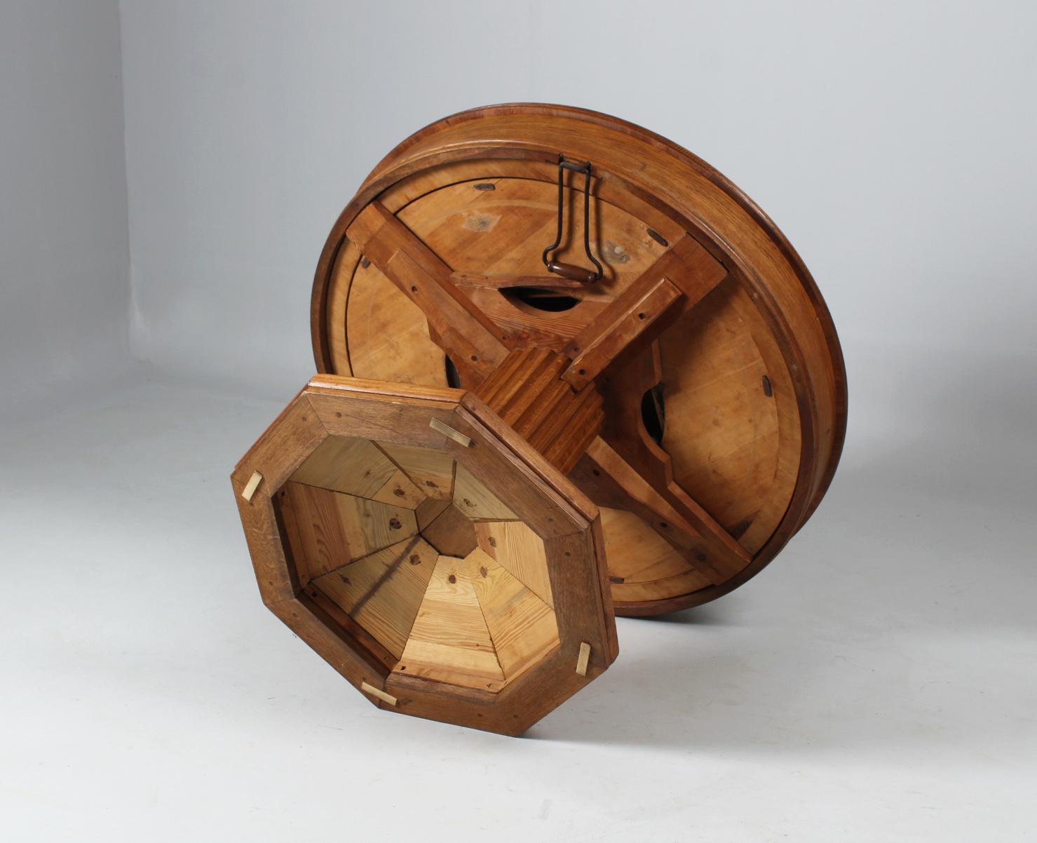 Round Dining Room Table with Special Enlarging Mechanism, Oak, 1920s 5