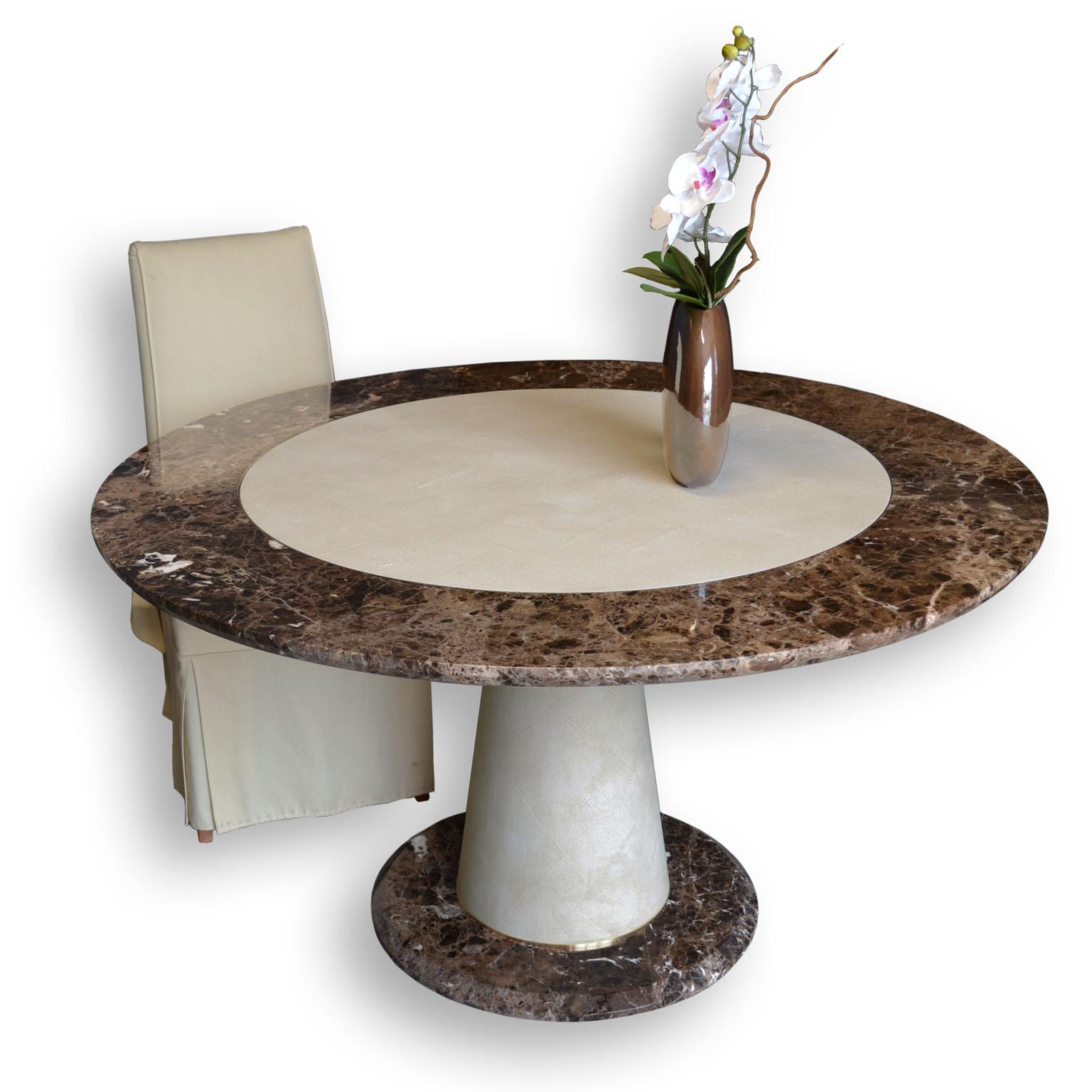 Italian Round Dining Table Brown Marble and neutral color shagreen decor handcrafted For Sale