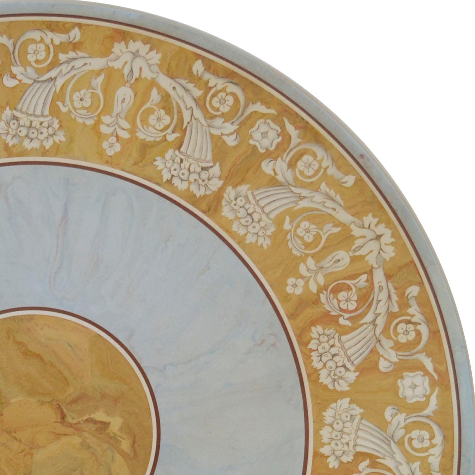 Empire Round Dining Table Classic Scagliola Art Inlay Marbled Wood Base Gold Details