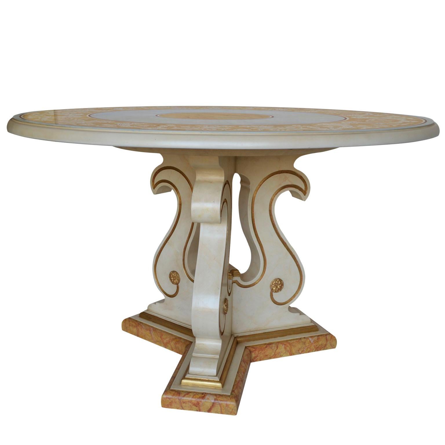 Italian Round Dining Table Classic Scagliola Art Inlay Marbled Wood Base Gold Details