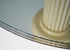 Dining Table Round Crystal Glass Top Cream Marble Inlaid Base Handmade in Italy